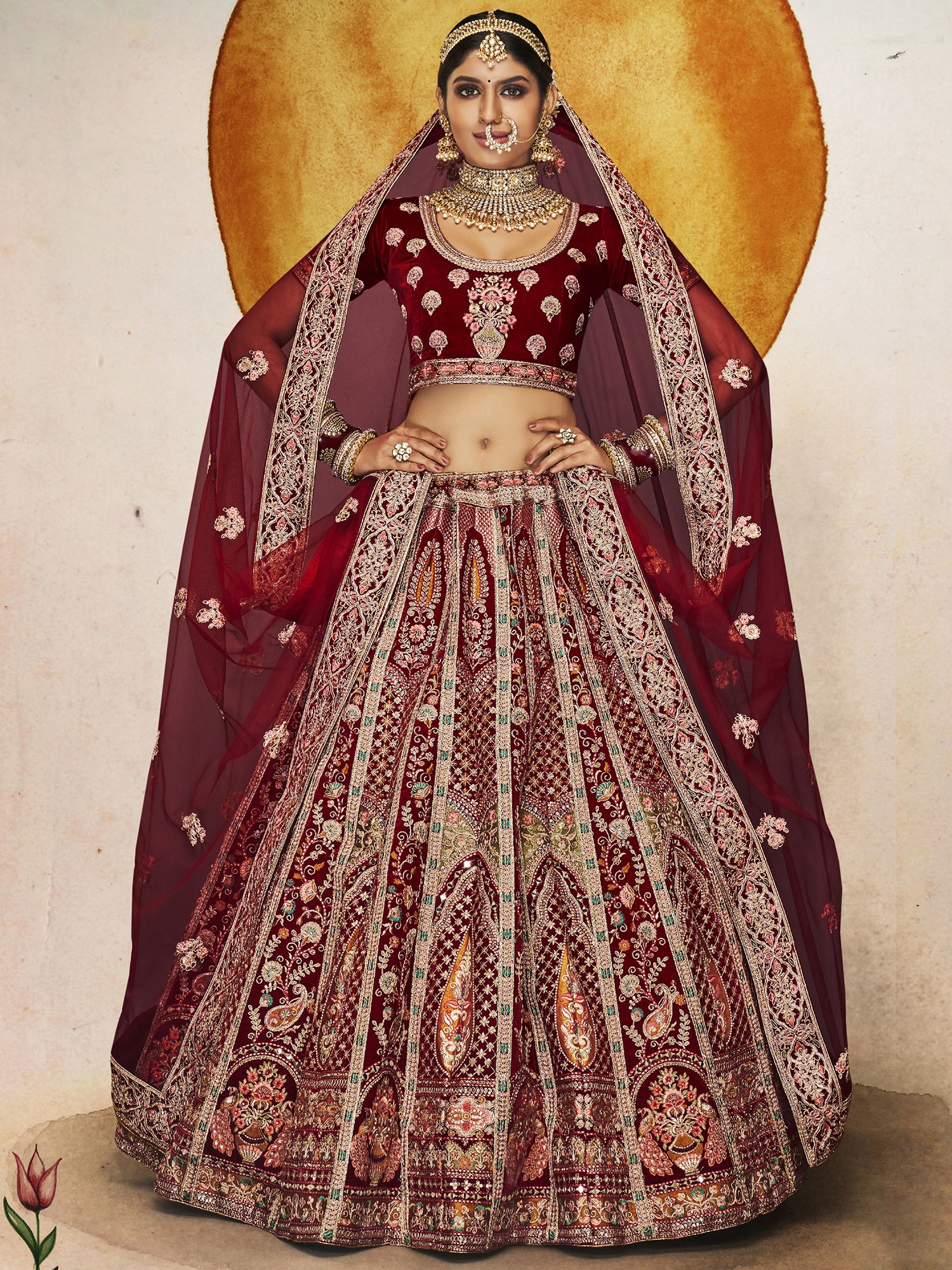 Pure Micro Velvet Bridal Wear Lehenga In Mroon Color With Embroidery Work & Stone  Work Zardosi Work - Bridal Lehenga - Lehenga