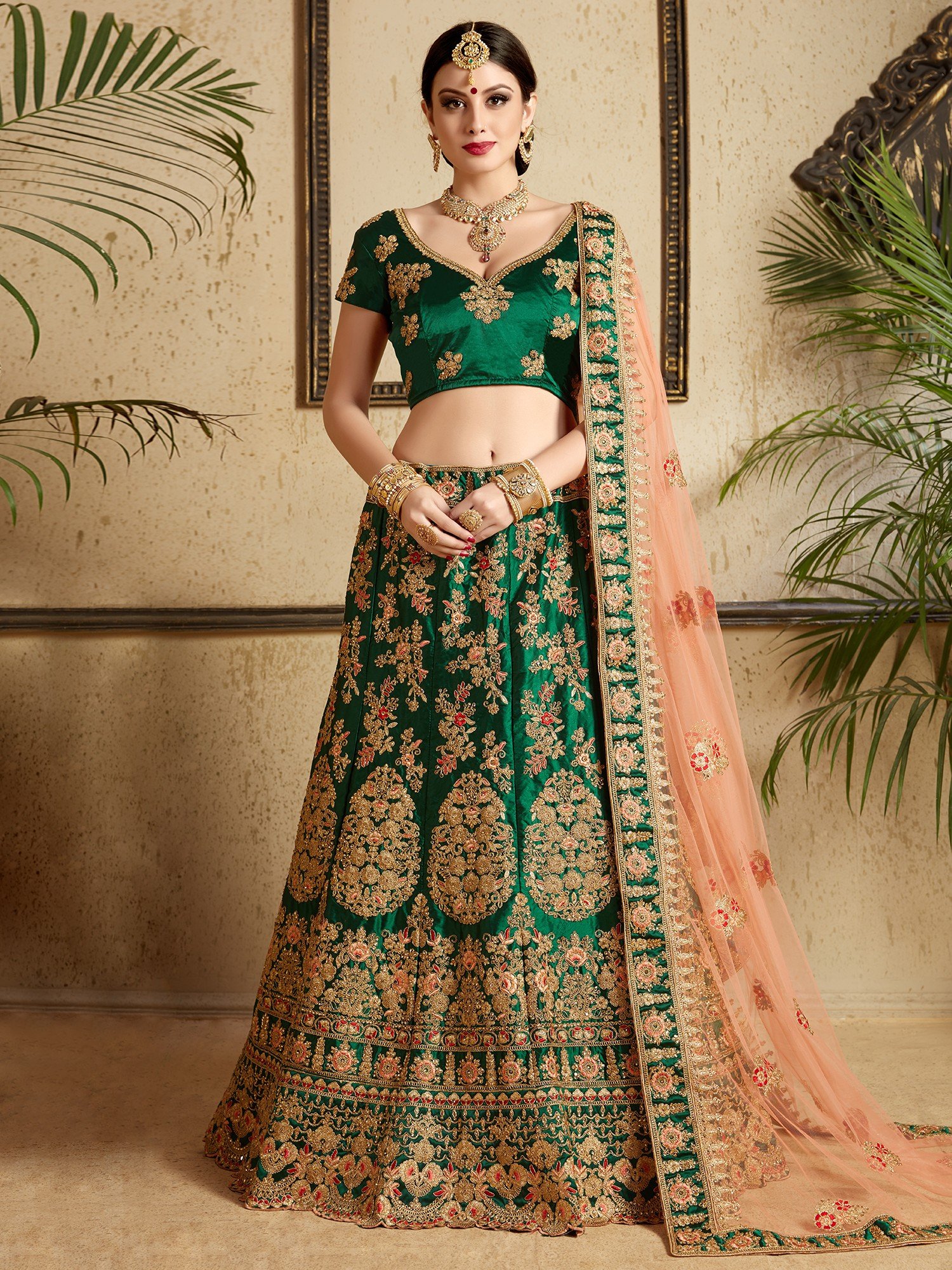 Green Printed And Embroidered Lehenga Set