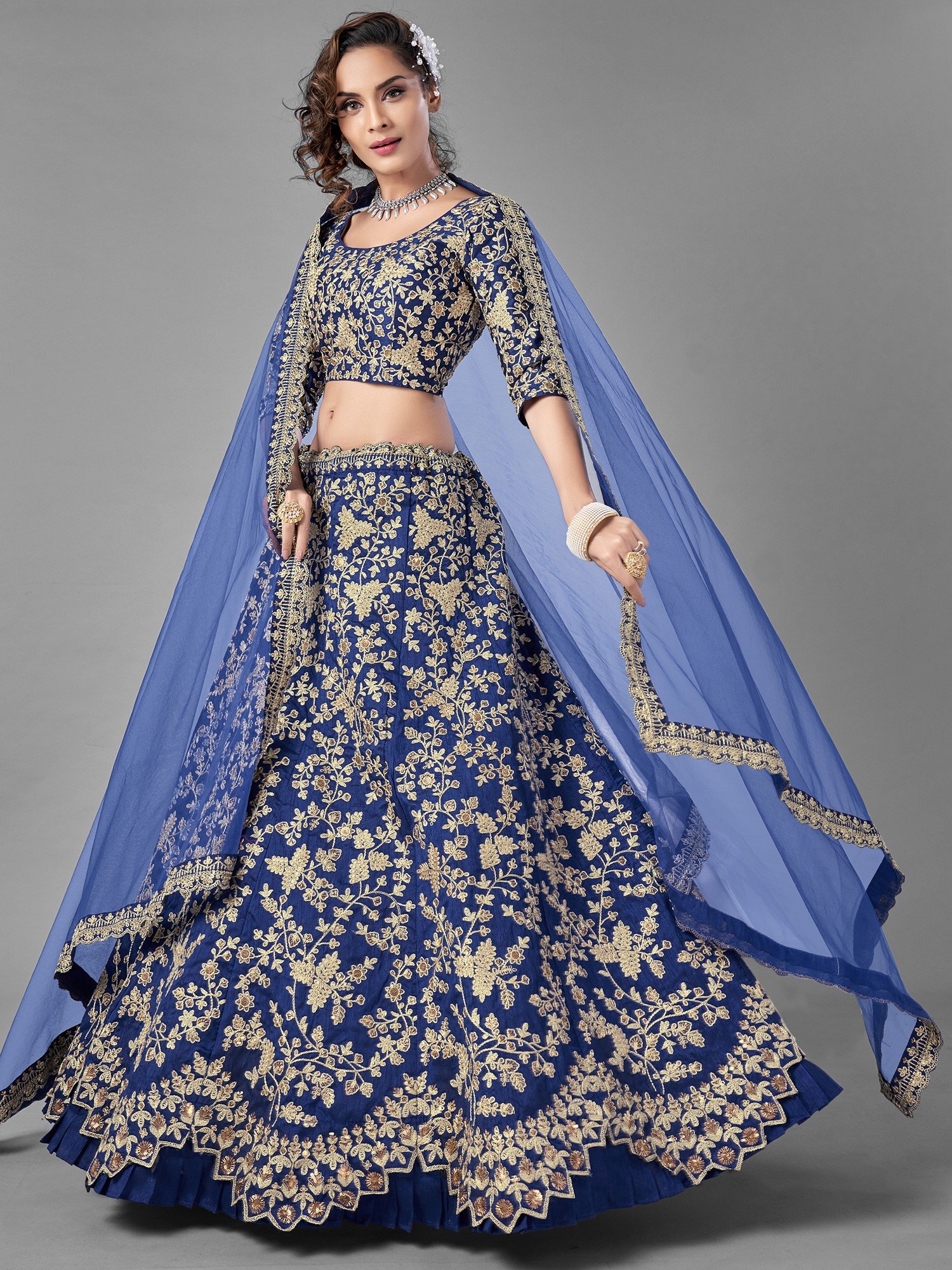 Blue Art Silk Dori-Sequins Work Frill Lehenga Choli with All-Over Bail ...