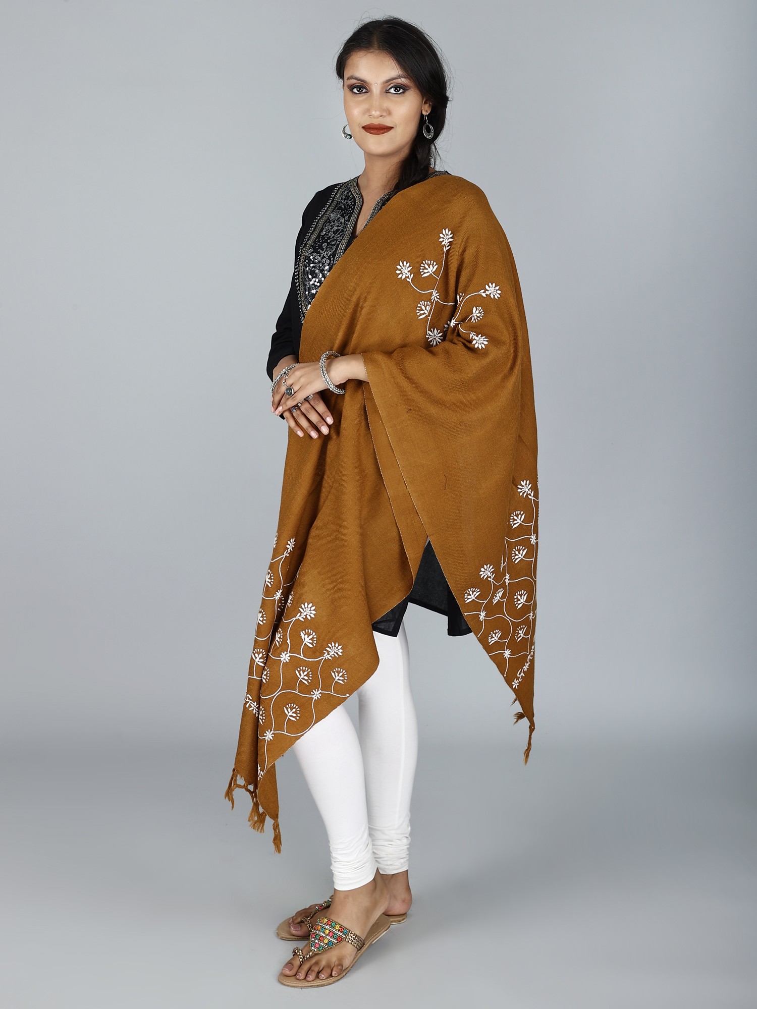 Handwoven Pure Wool Stole From Uttarakhand With Floral Embroidery And ...