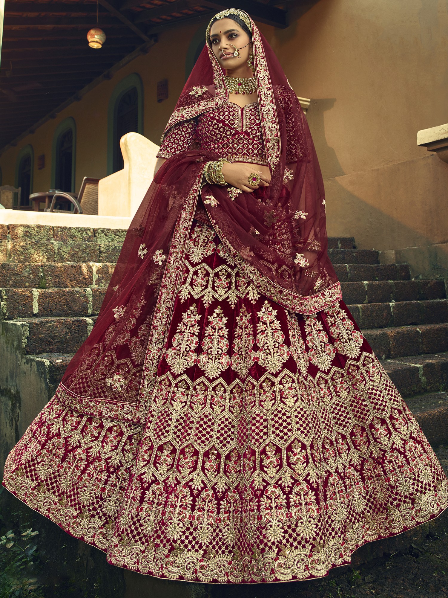 Velvet Bridal Lehenga Choli in Embroidered Maroon with Dupatta UK - LC5978