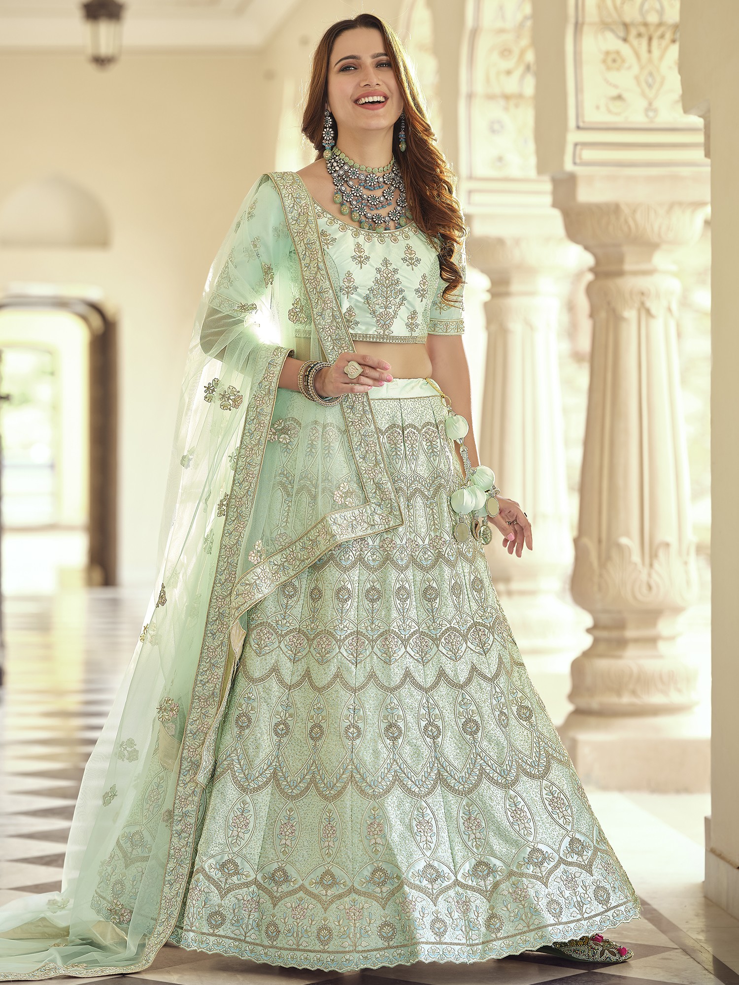 Lehenga Choli | Teal Blue Cut-dana Hand Work Lehenga Set With Extra Flare &  Can-can Attached. Fabric : Pure Georgette, Size: 38