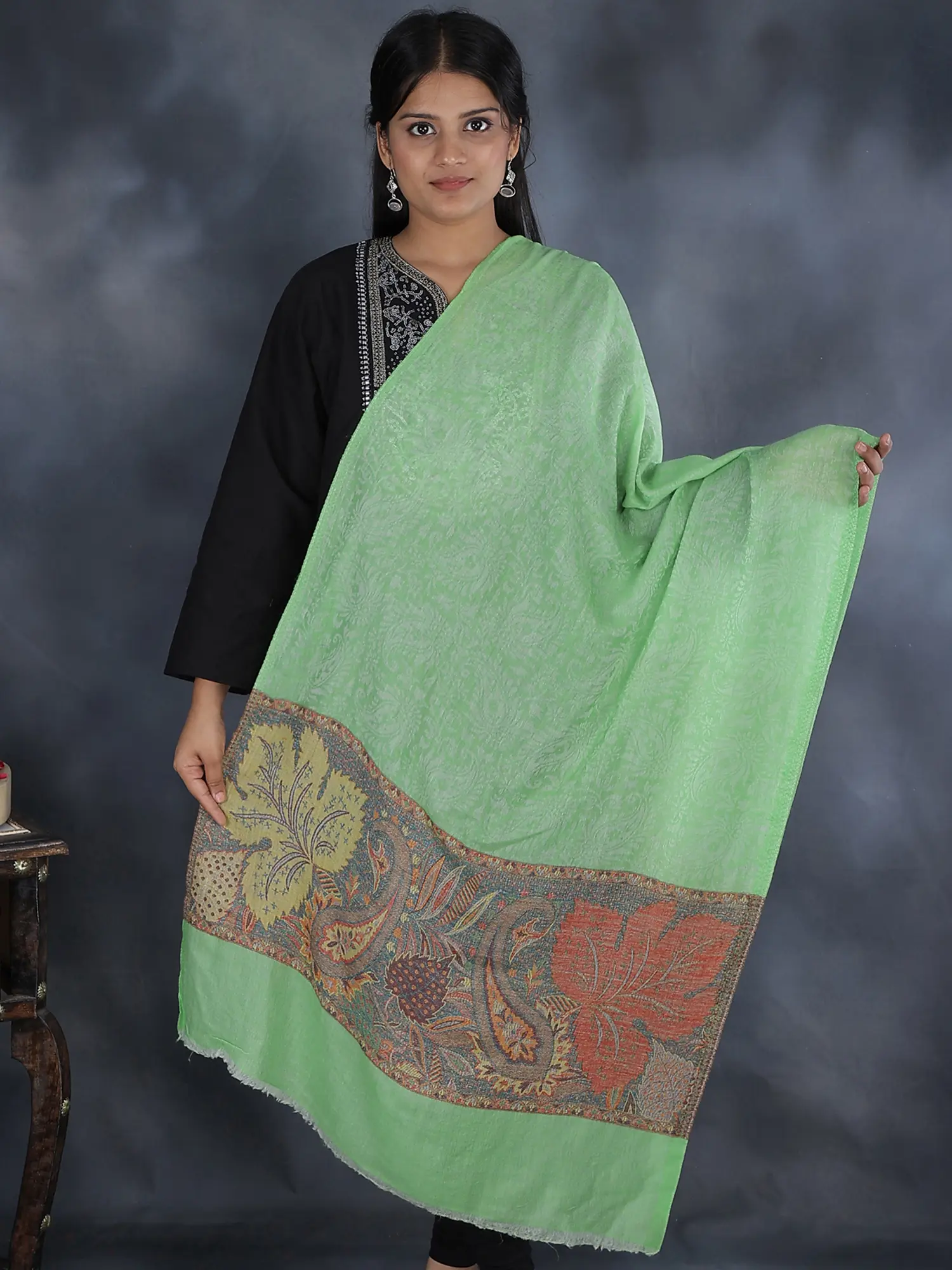 Pure Wool Stole with Woven Maple Leaf and Paisley Motif Border