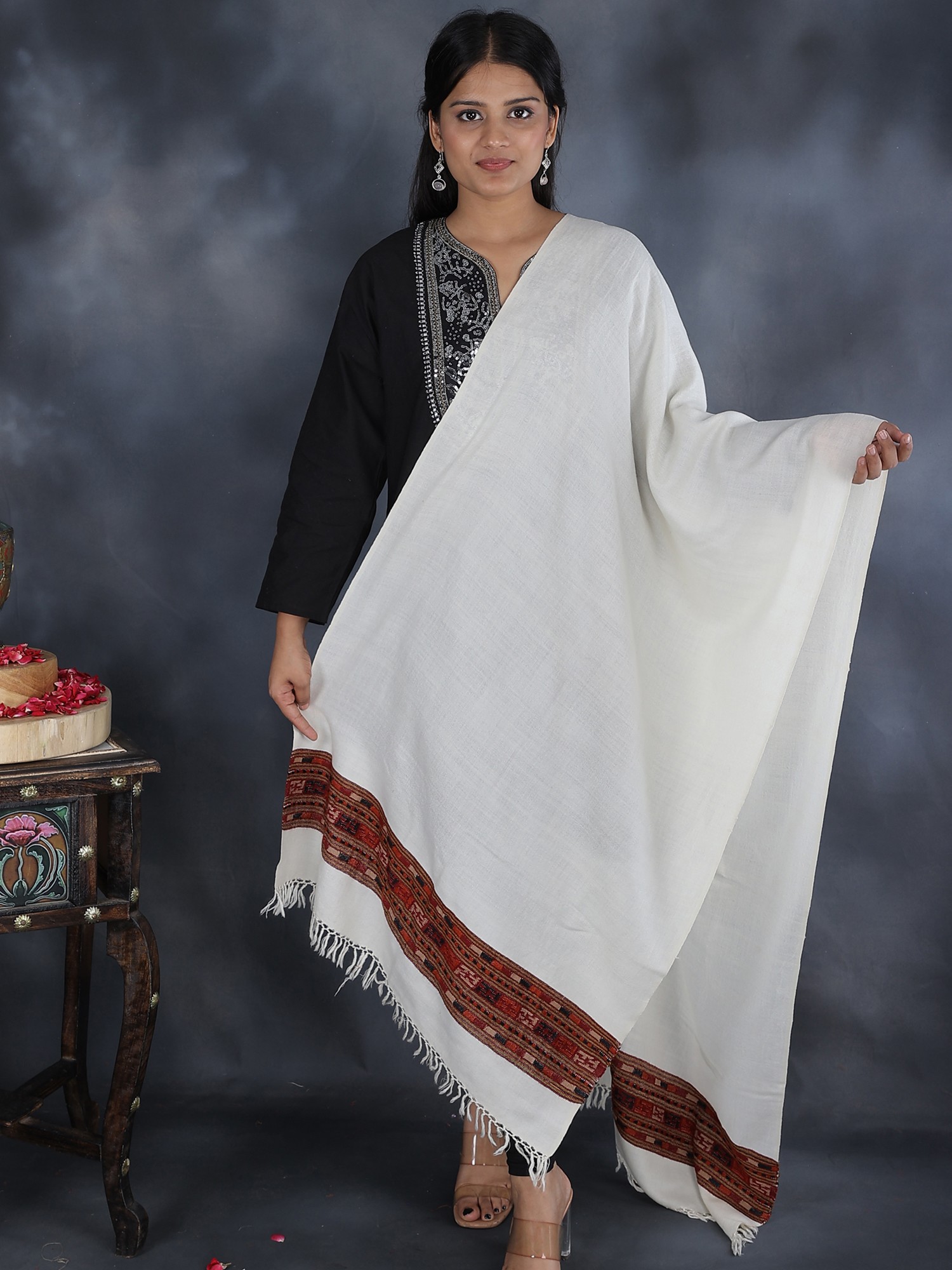 Antique-White Angora Stole from Kullu with Kinnauri Woven Palla