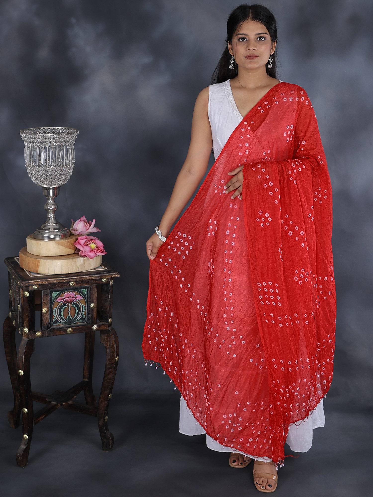 Ek Bundi Bandhani Dupatta from Gujarat with Beads Tassel Exotic India Art