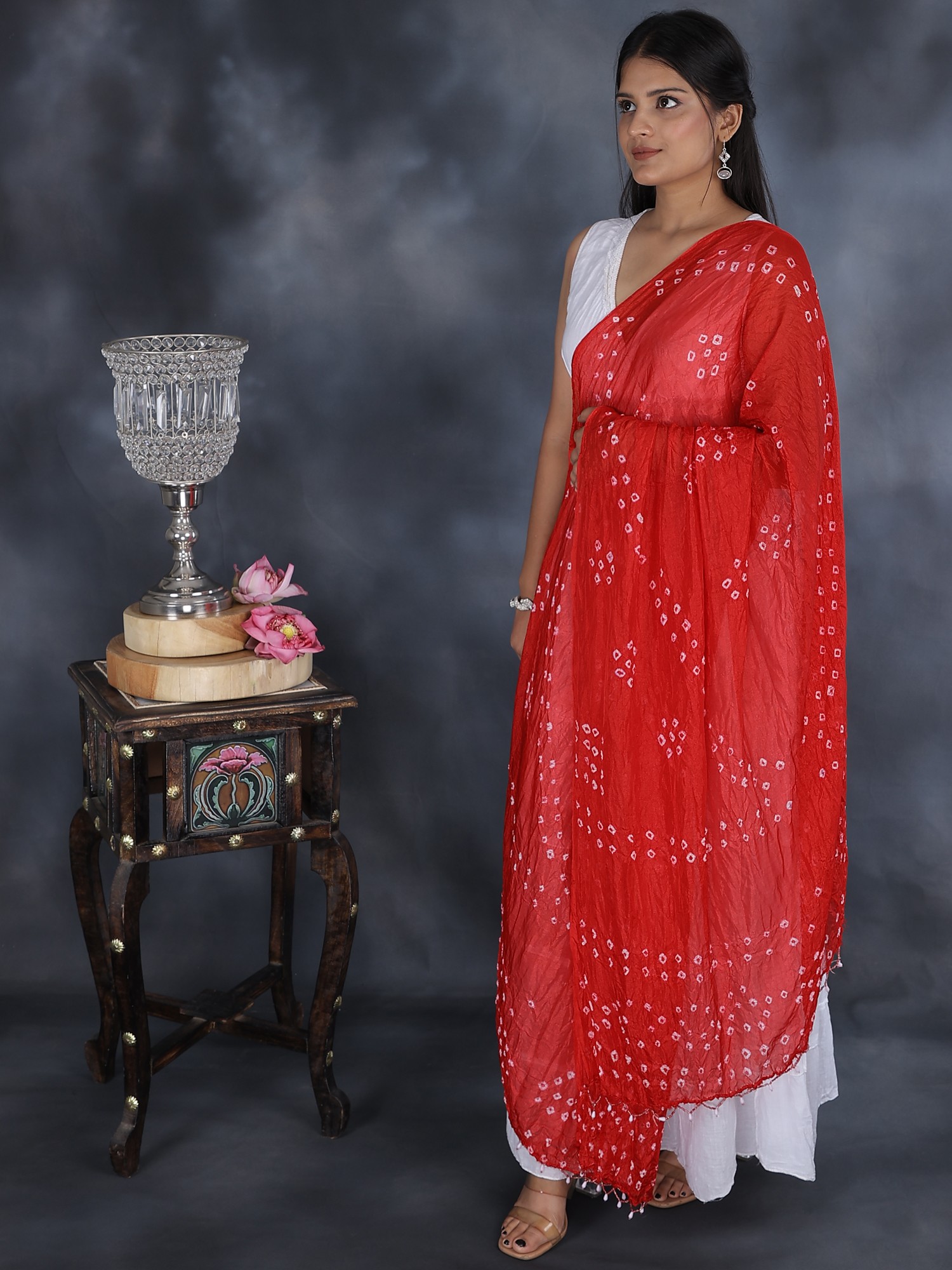 Ek Bundi Bandhani Dupatta from Gujarat with Beads Tassel Exotic India Art