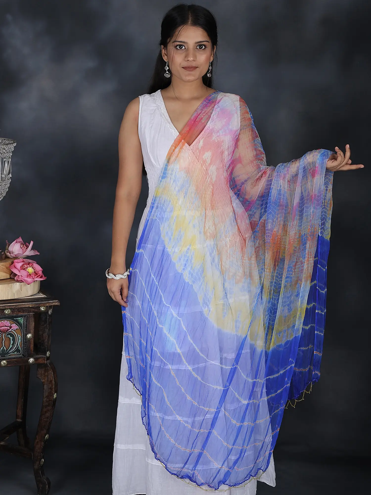 Tie-Dyed Multicolor Leheria Dupatta from Jodhpur With Beaded Scallop Border