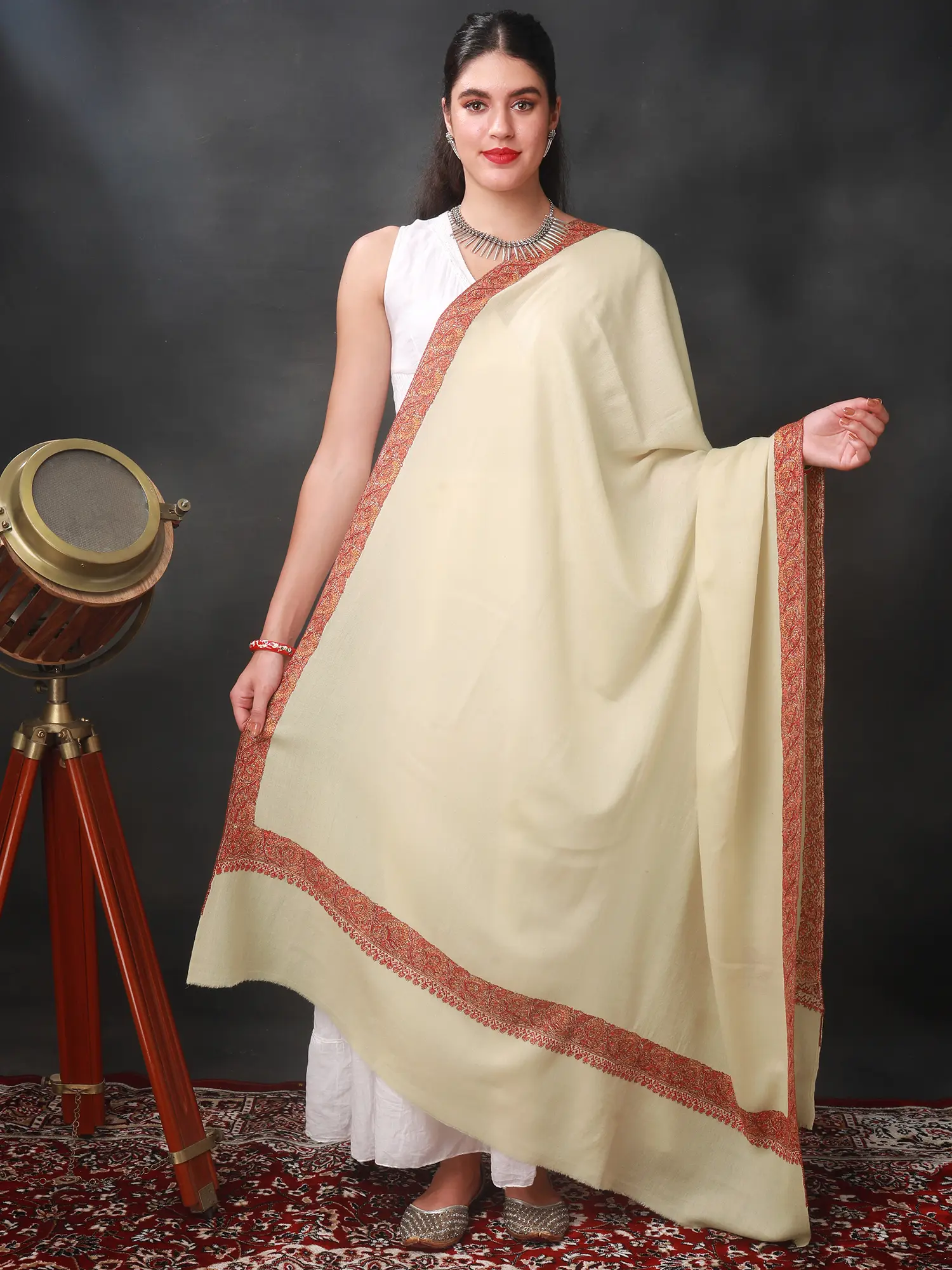 Diamond Weaved Turtle-Dove Extra Wide Shawl with Neem Dar Sozni Embroidery