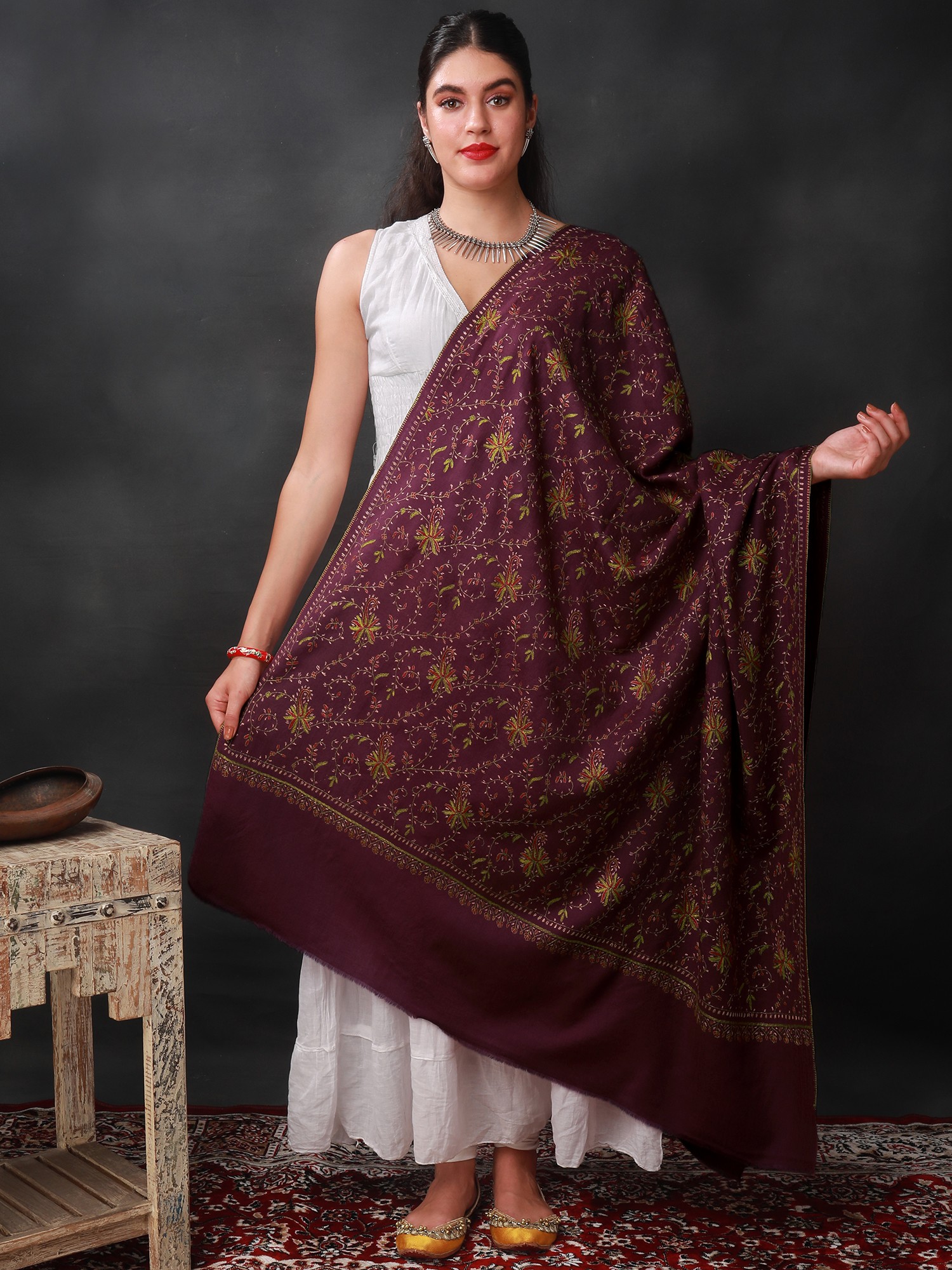 Amaranth Sozni Shawl with All-Over Hand-Embroidered Paisley-Floral Vine ...