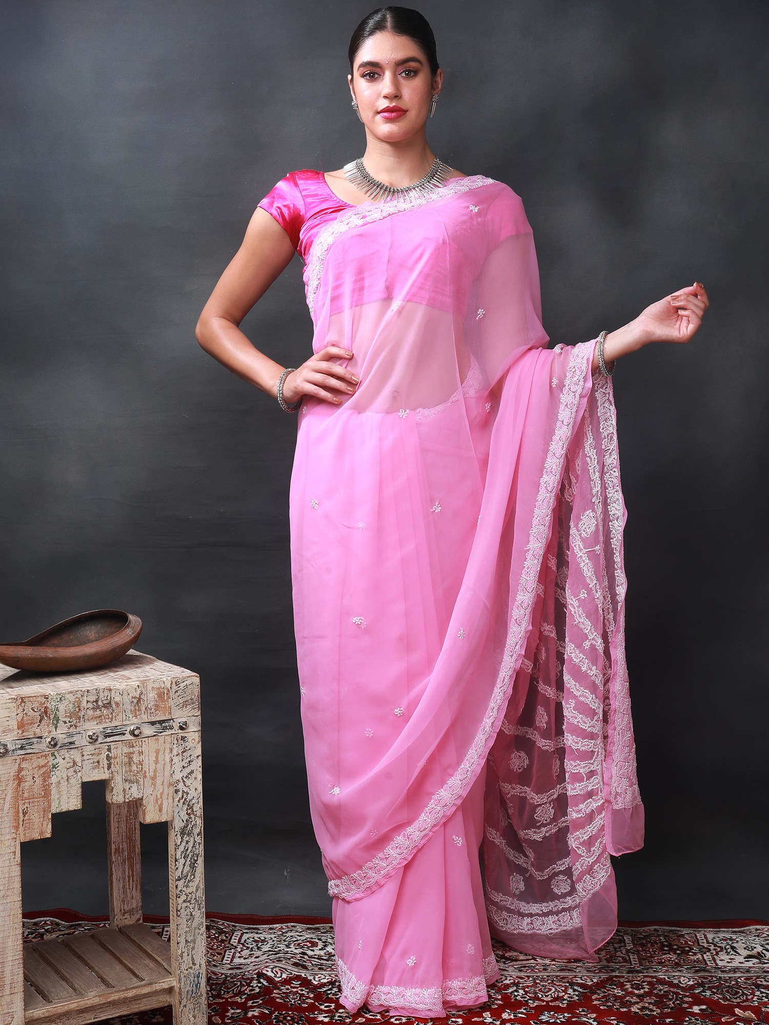 Candy-Pink Lukhnawi Chikankari Sari with Hand-Embroidered Flowers on ...