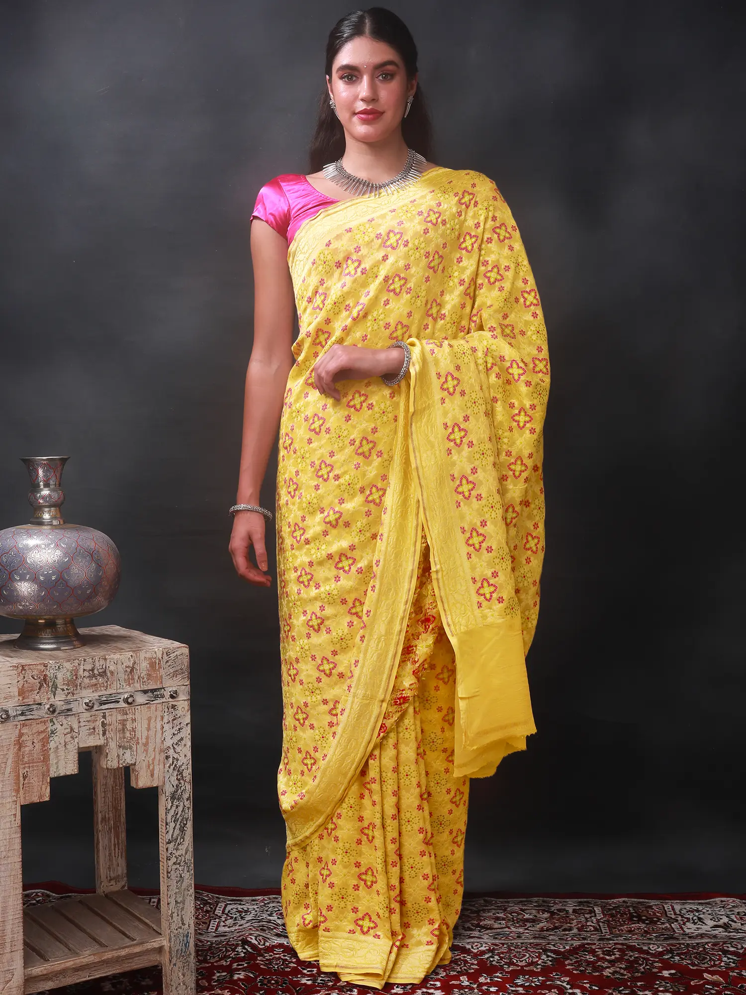 Old-Gold Handloom Banarasi Meenakari Pure Chiffon Saree with Floral Jaal Pattern