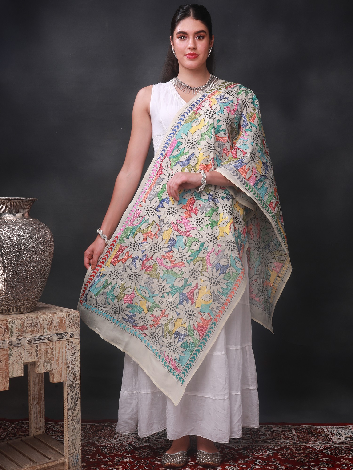 Pistachio-Shell Semi-Tussar Silk Multicolor Kantha Stole From Bengal ...