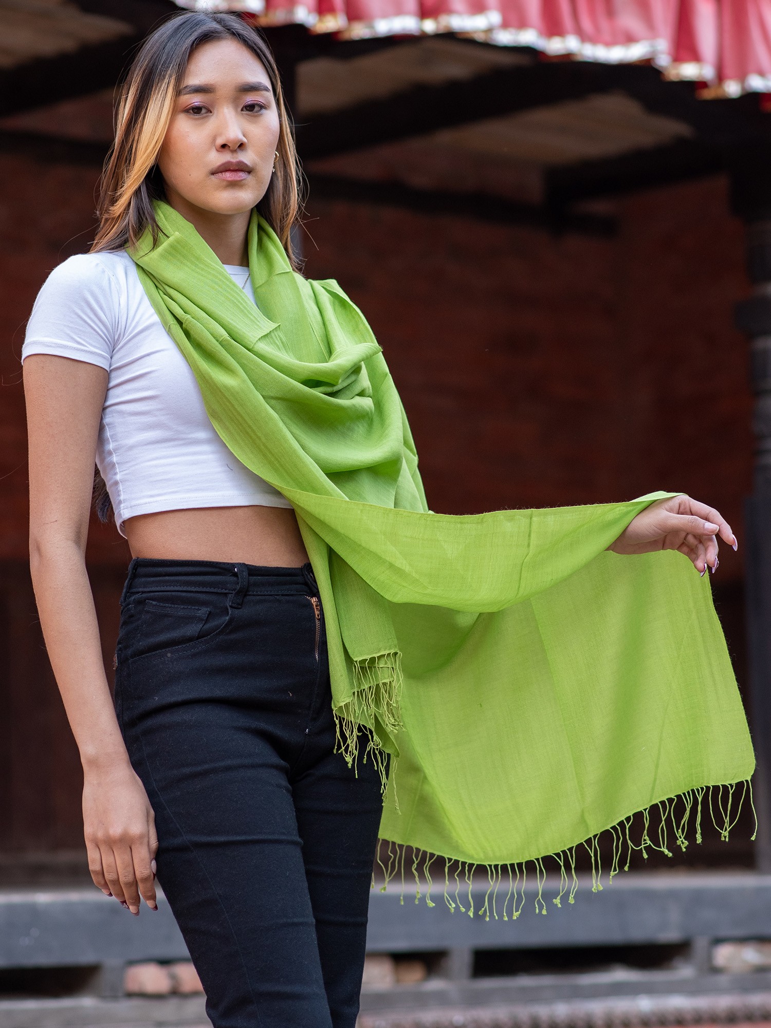 Chartreuse Green Scarf Top Lime Green Plain Coloured Top