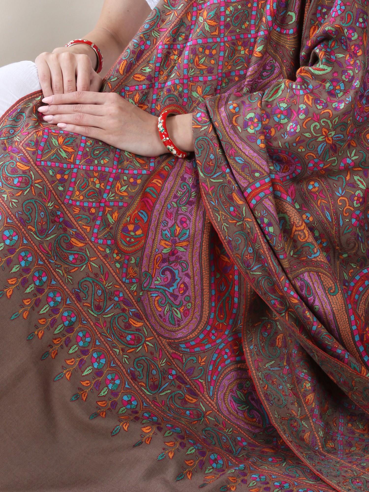 Nutmeg-Brown Pure Pashmina Hand-Embroidered Multicolor Bold, 47% OFF