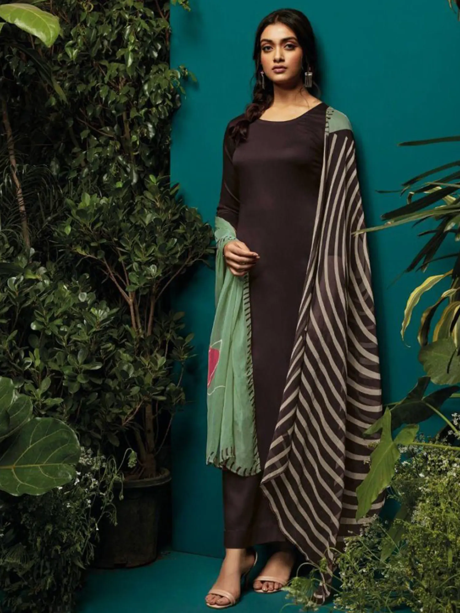 Art-Silk Palazzo Salwar Kameez Suit with Round-Neck and Stripe Printed Dupatta