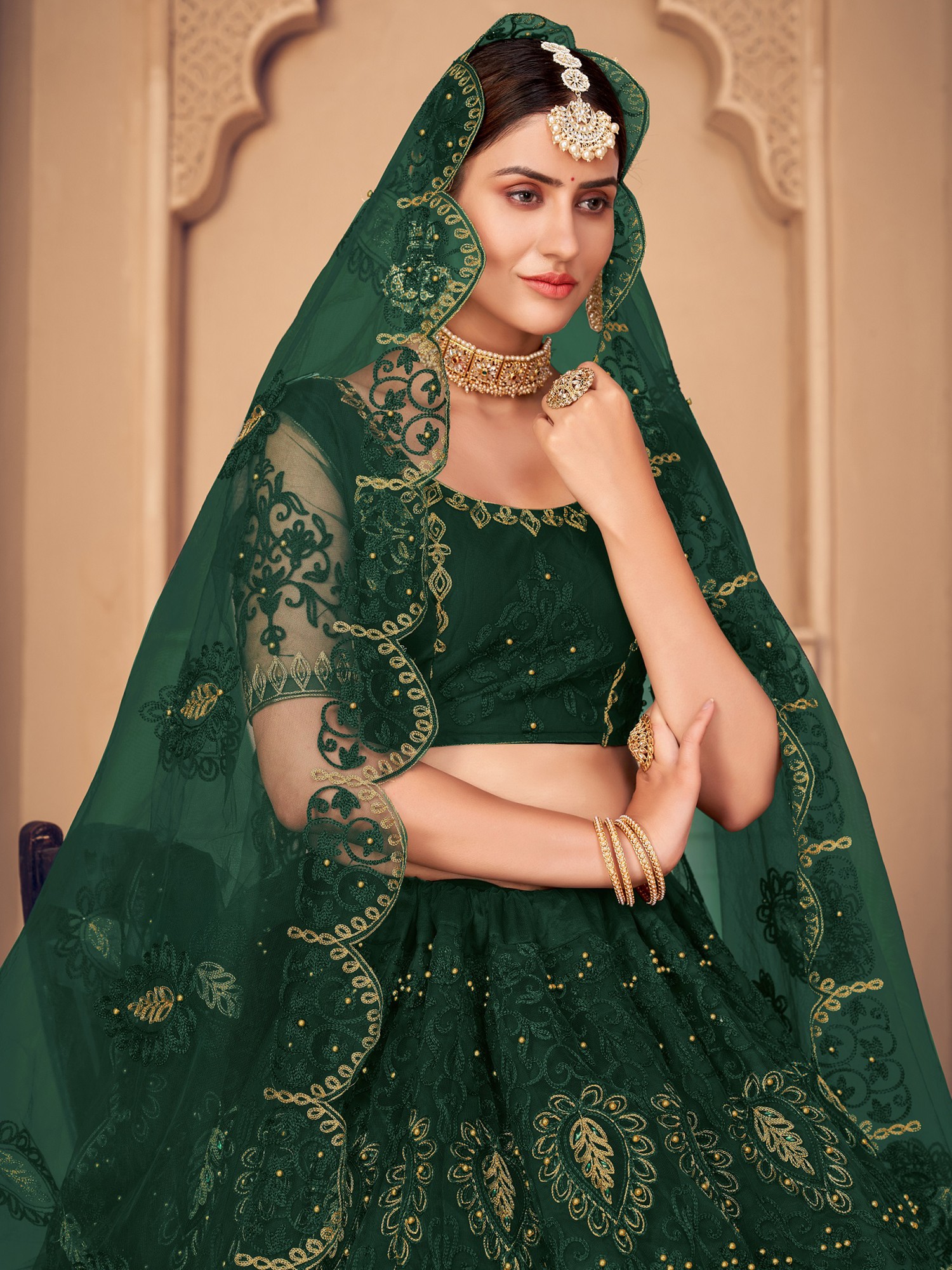 Dark Green Net Lehenga Choli (NWG-1192)