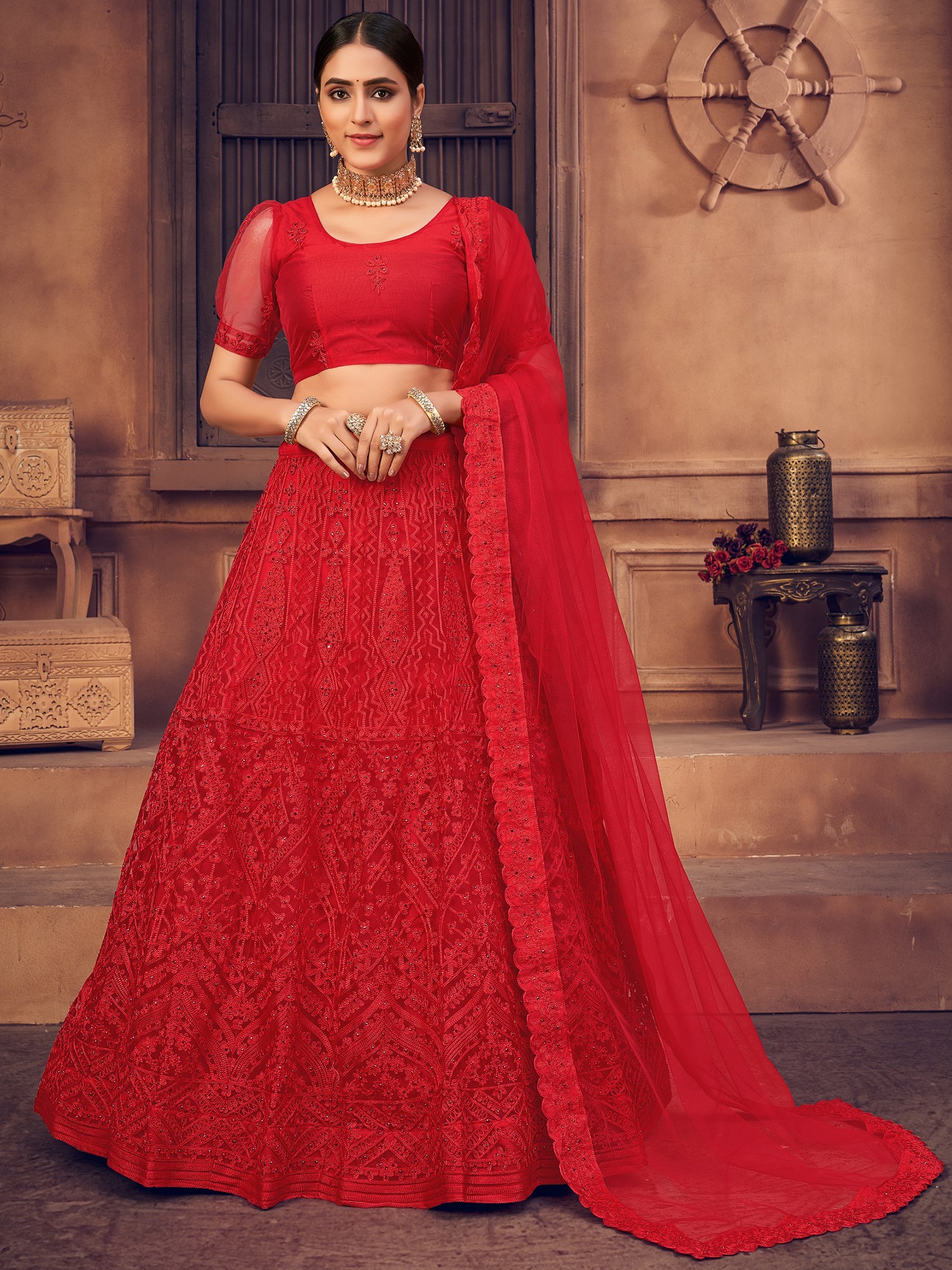 Tomato-Red Net Designer Lehenga Choli With All-Over Thread-Pearl Embroidery  And Scalloped Dupatta | Exotic India Art