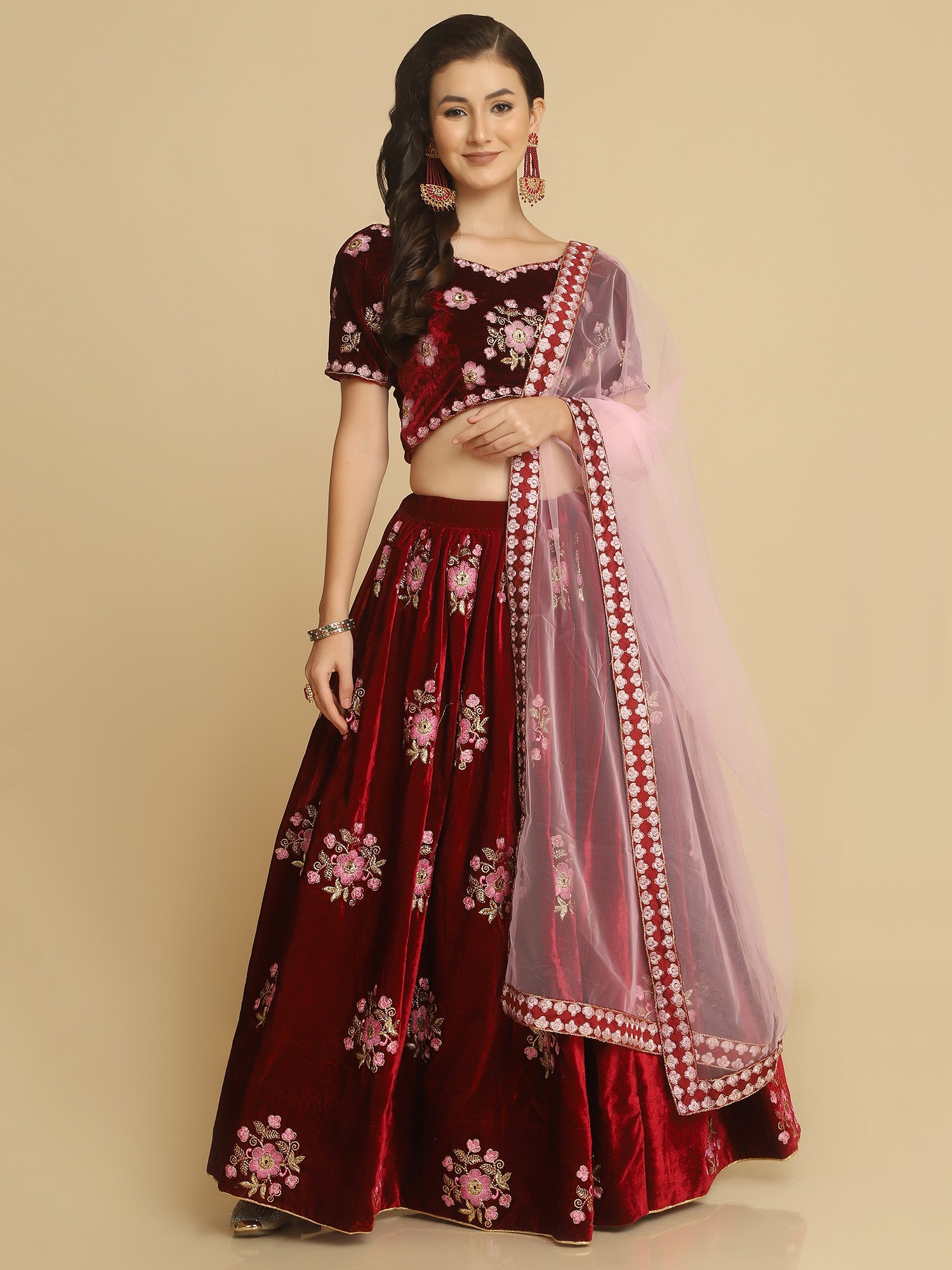 Buy Maroon Embroidered Velvet Bridal Lehenga Choli With Dupatta Online from  EthnicPlus for ₹3199