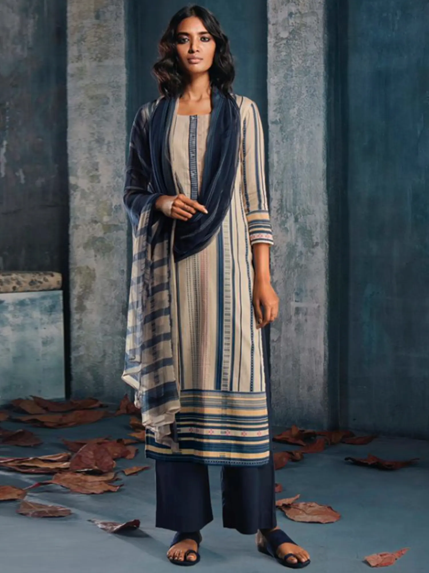 Navy-Blue Digital Print Pattern Palazzo Salwar- Kameez Suit with Dupatta