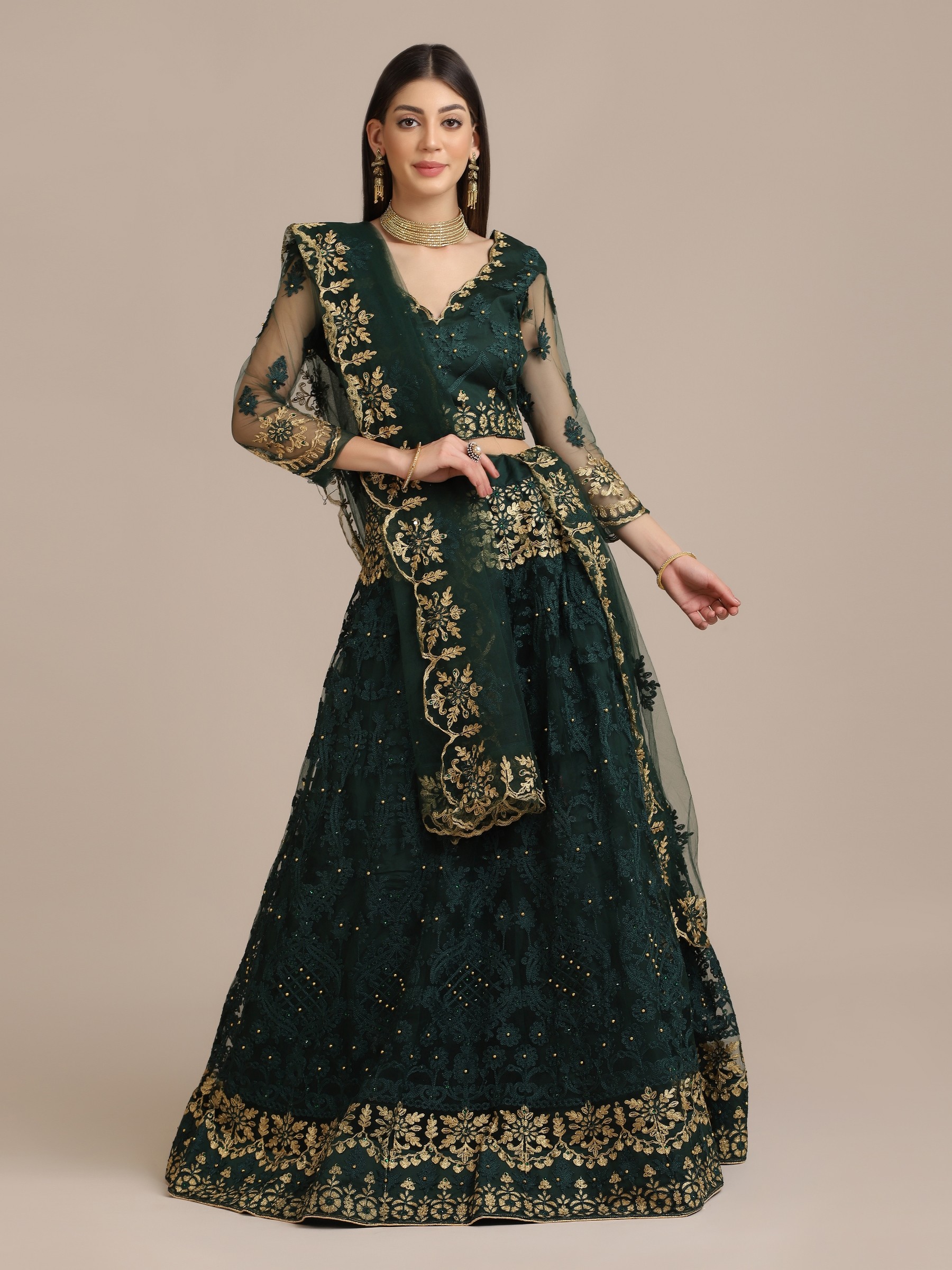 Buy Green Velvet Dupatta Net Embroidery V Neck Bridal Lehenga Set For Women  by Vvani by Vani Vats Online at Aza Fashions.