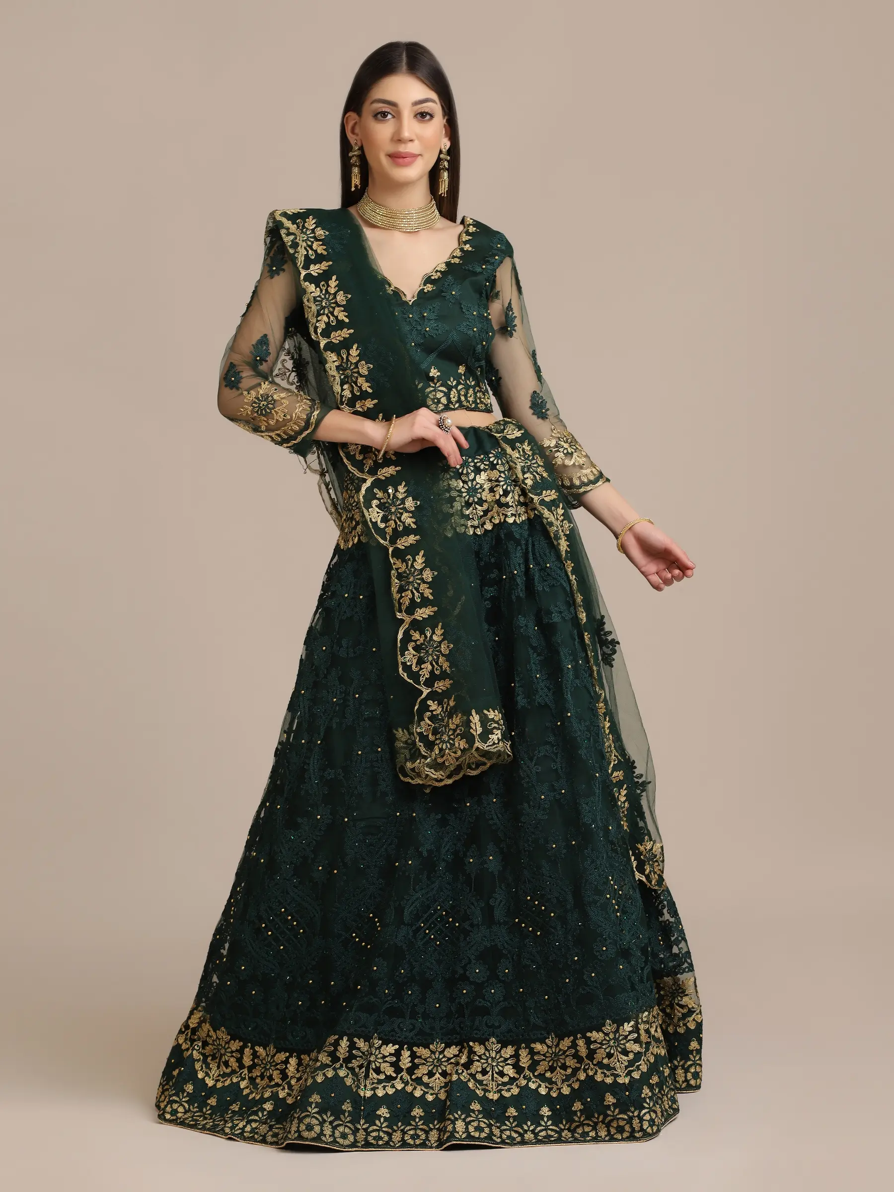 Bottle-Green Net Beads and Golden Thread Embroidery Lehenga Choli with Cutwork Dupatta