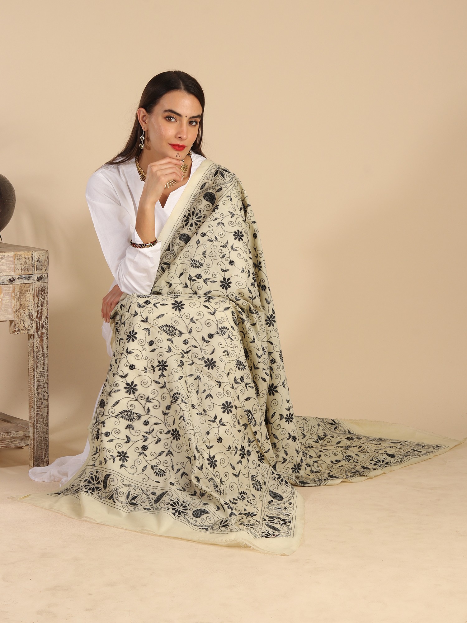 Hay Colored Semi-Tussar Nakshi Kantha Dupatta With Contrast Black Heavy ...