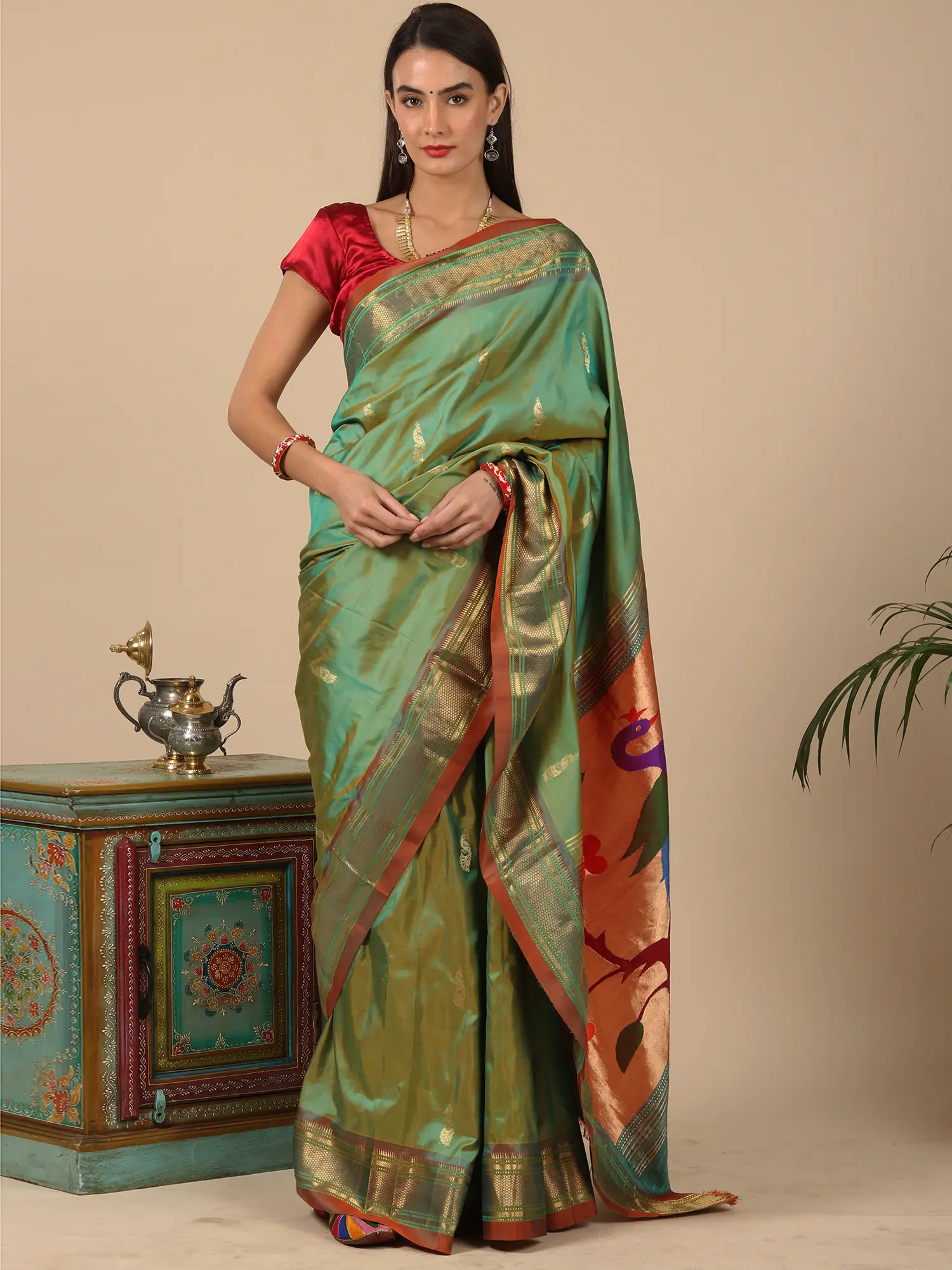 Iridescent (Dhoop Chaanv Shade) Fancy Brocade Pallu Mor Butti Paithani Saree from Maharashtra with Bold Pair of Peacock on Pallu