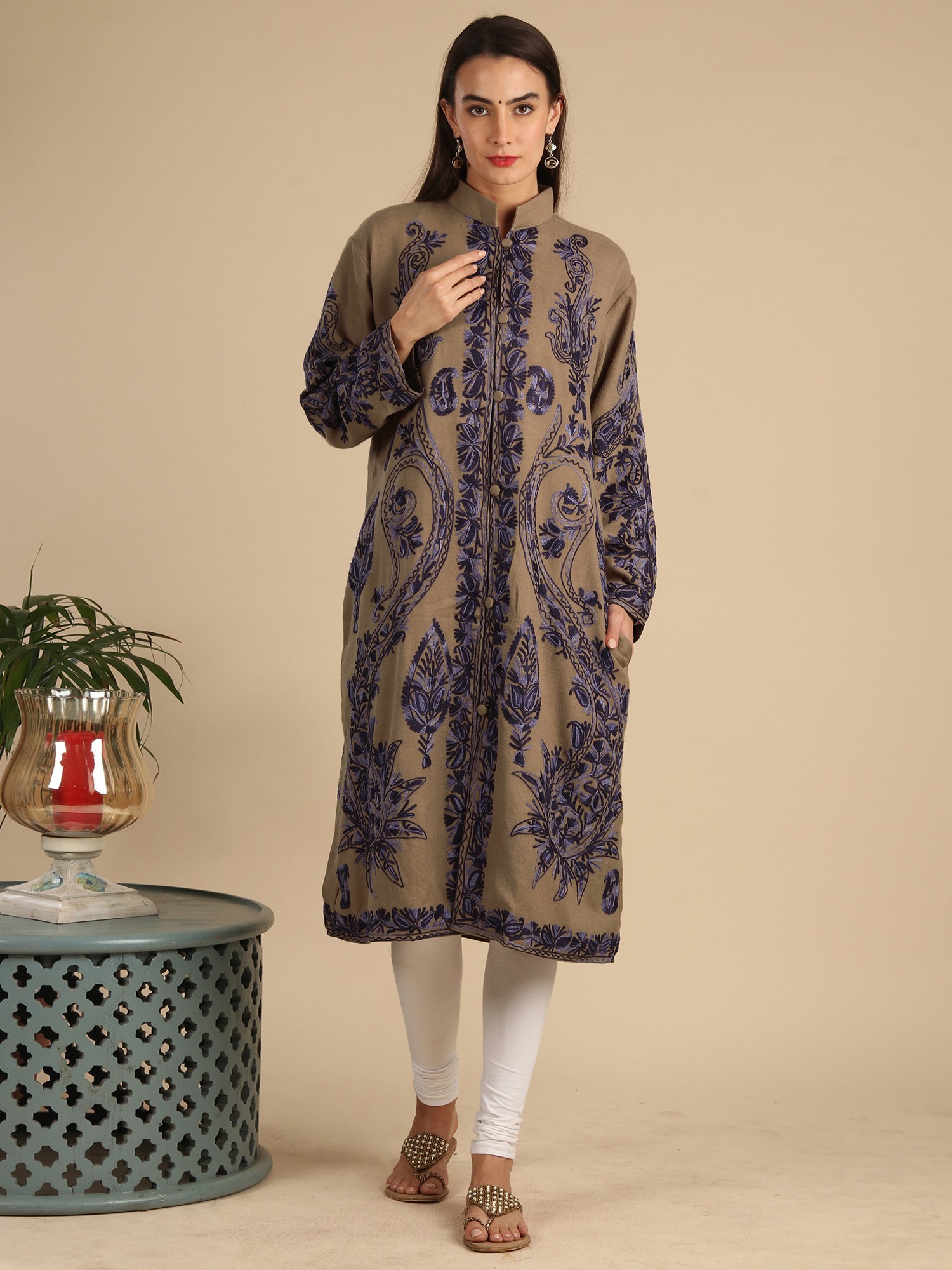 Iced-Coffee Wool Long Jacket From Kashmir With Aari-Embroidered Paisley ...