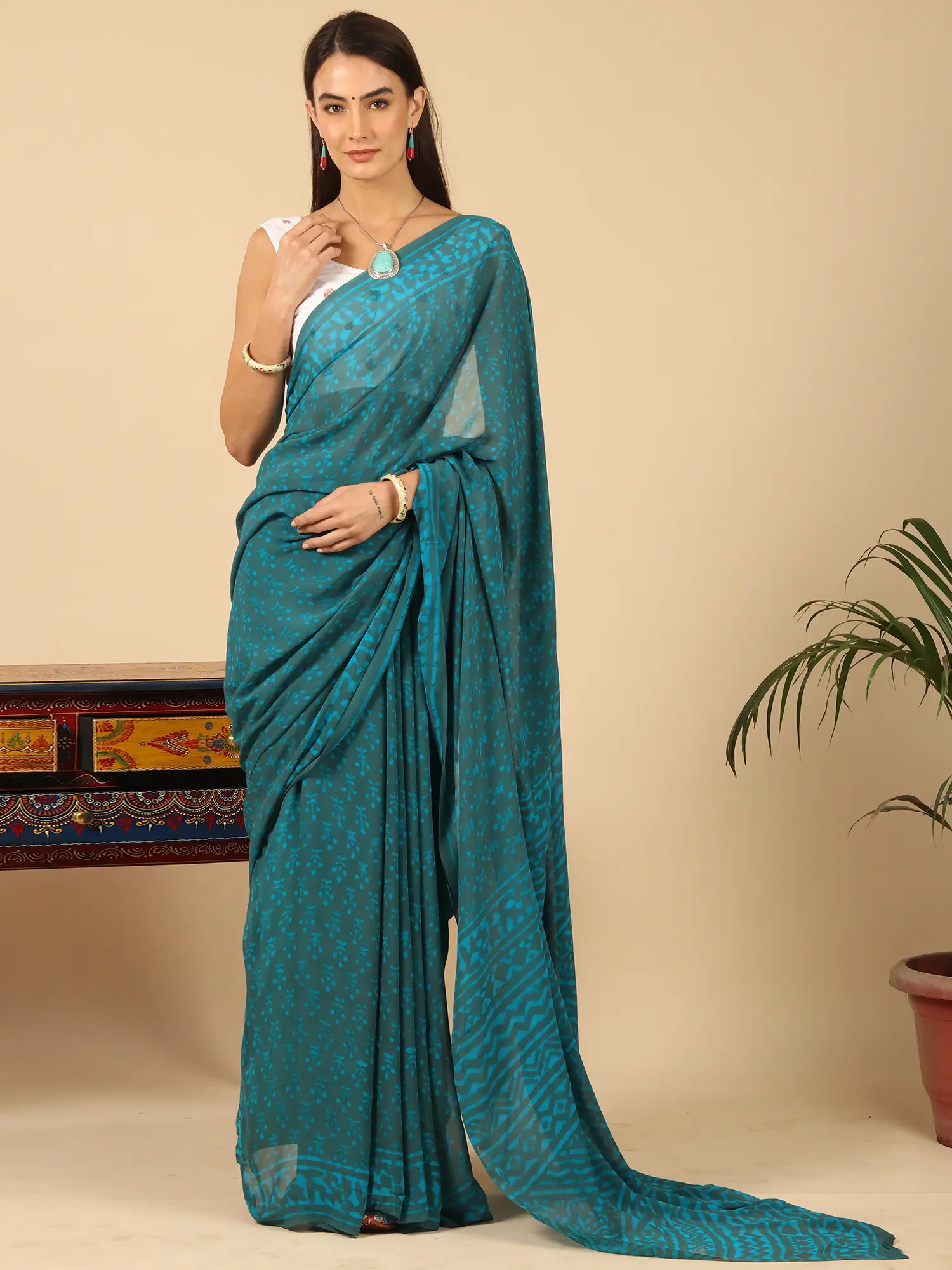 Blue-Jewel Georgette Saree with Floral Hand Print Badu Pattern