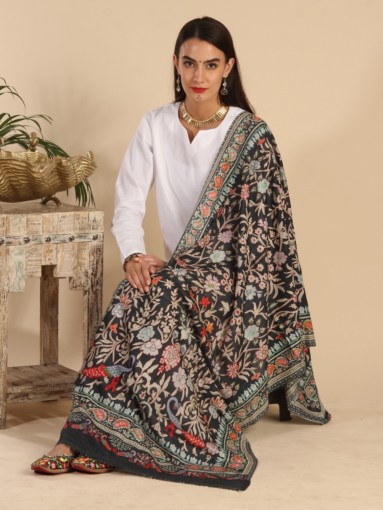 Fine Wool Kalamkari Stole With Peacock-floral Vine Digital Print And 