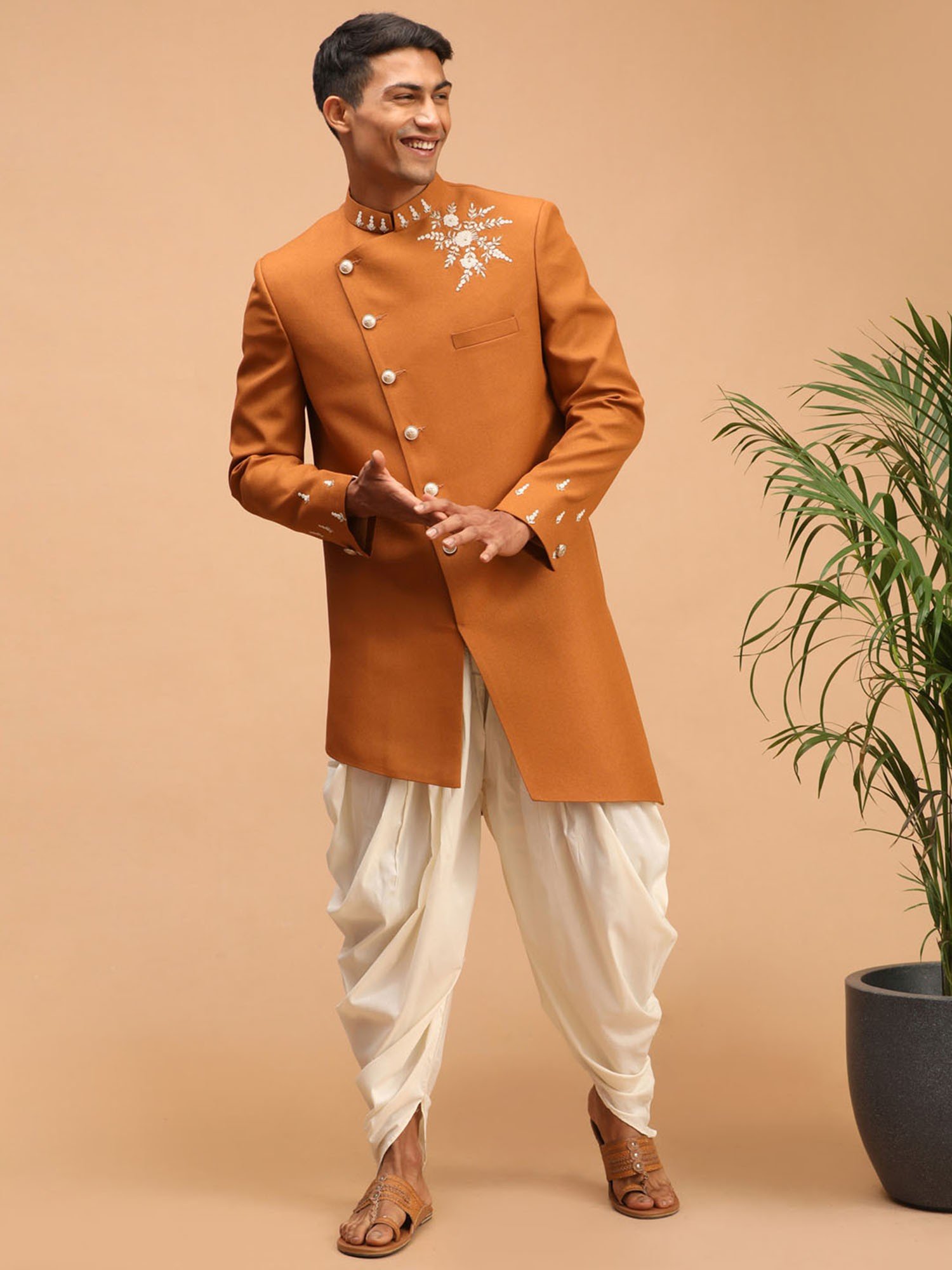 Indo western hotsell sherwani with dhoti