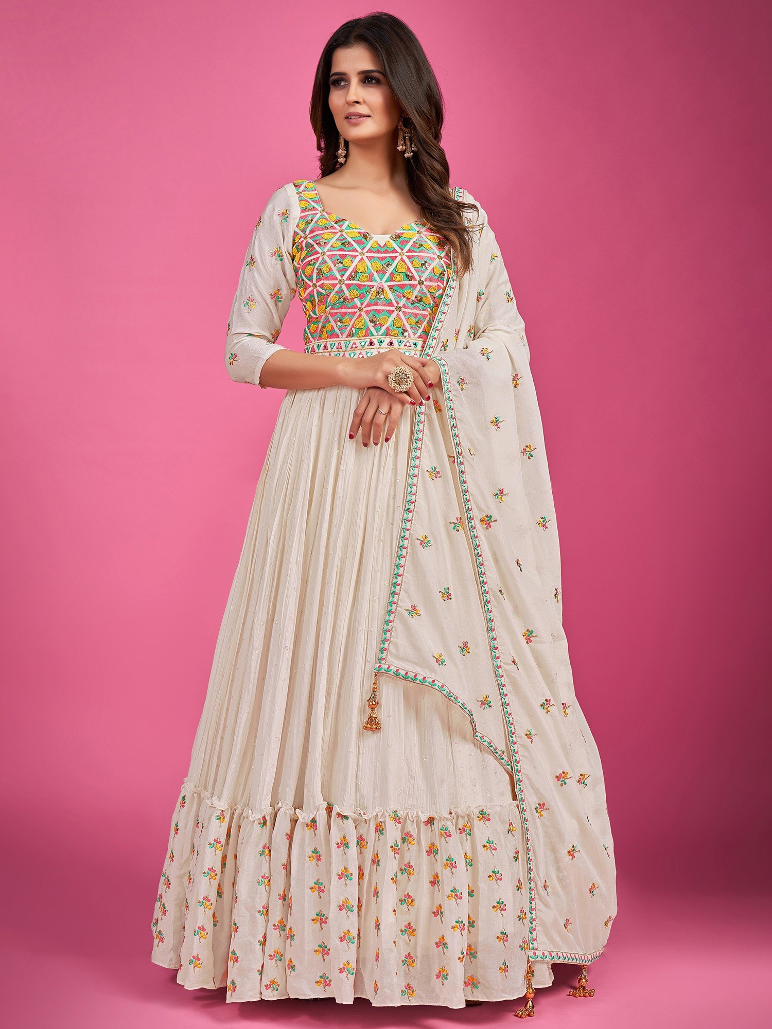 Milky White Designer Indian Anarkali Gown In Beautiful Chikan Kari Work  With Organza Dupatta Set For Wedding, Party And Casual Wear at Rs 1999.00 |  long Anarkali Gown | ID: 24583059948