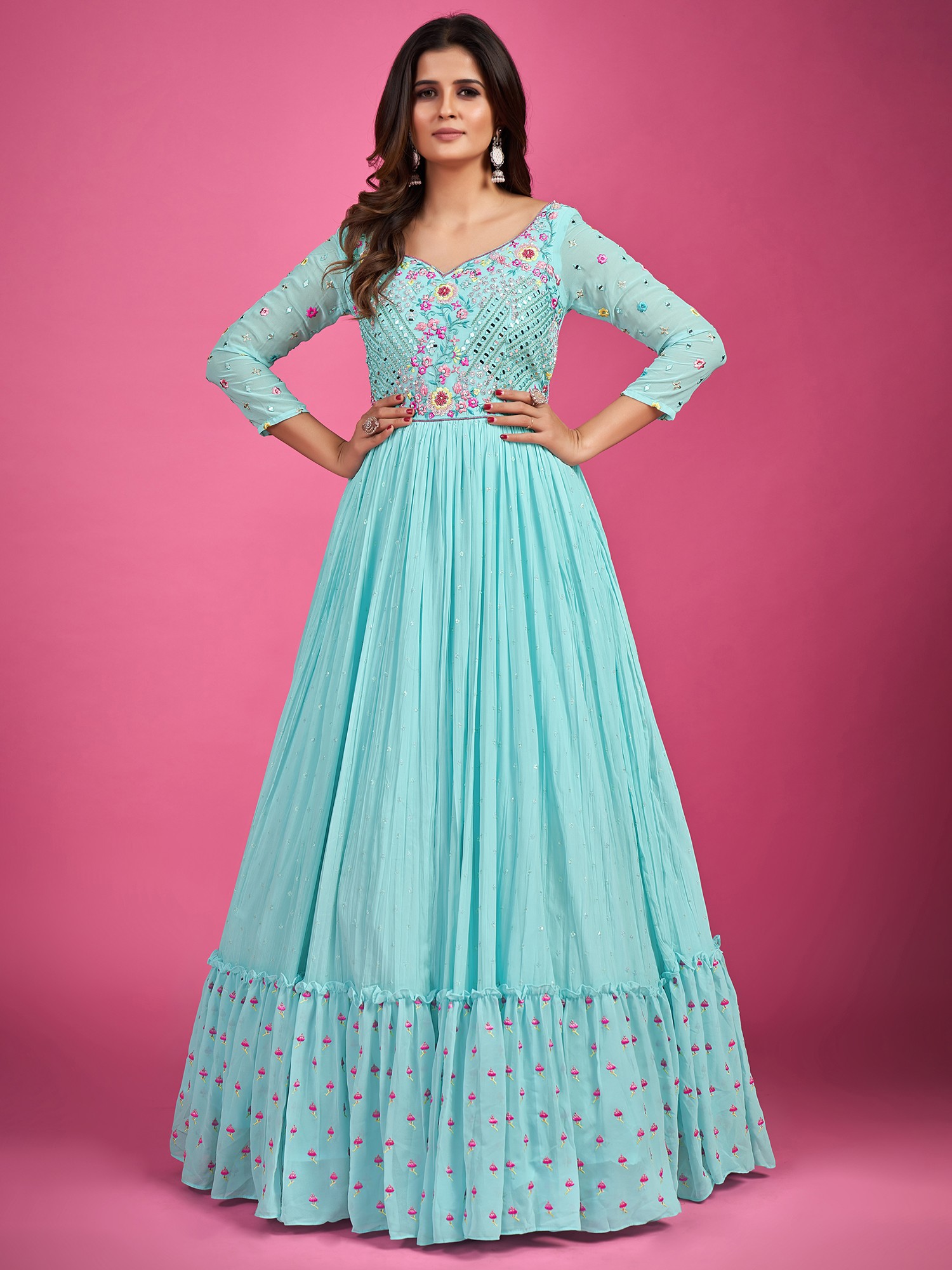 Embroidered Silk Blend Stitched Anarkali Gown, 46% OFF