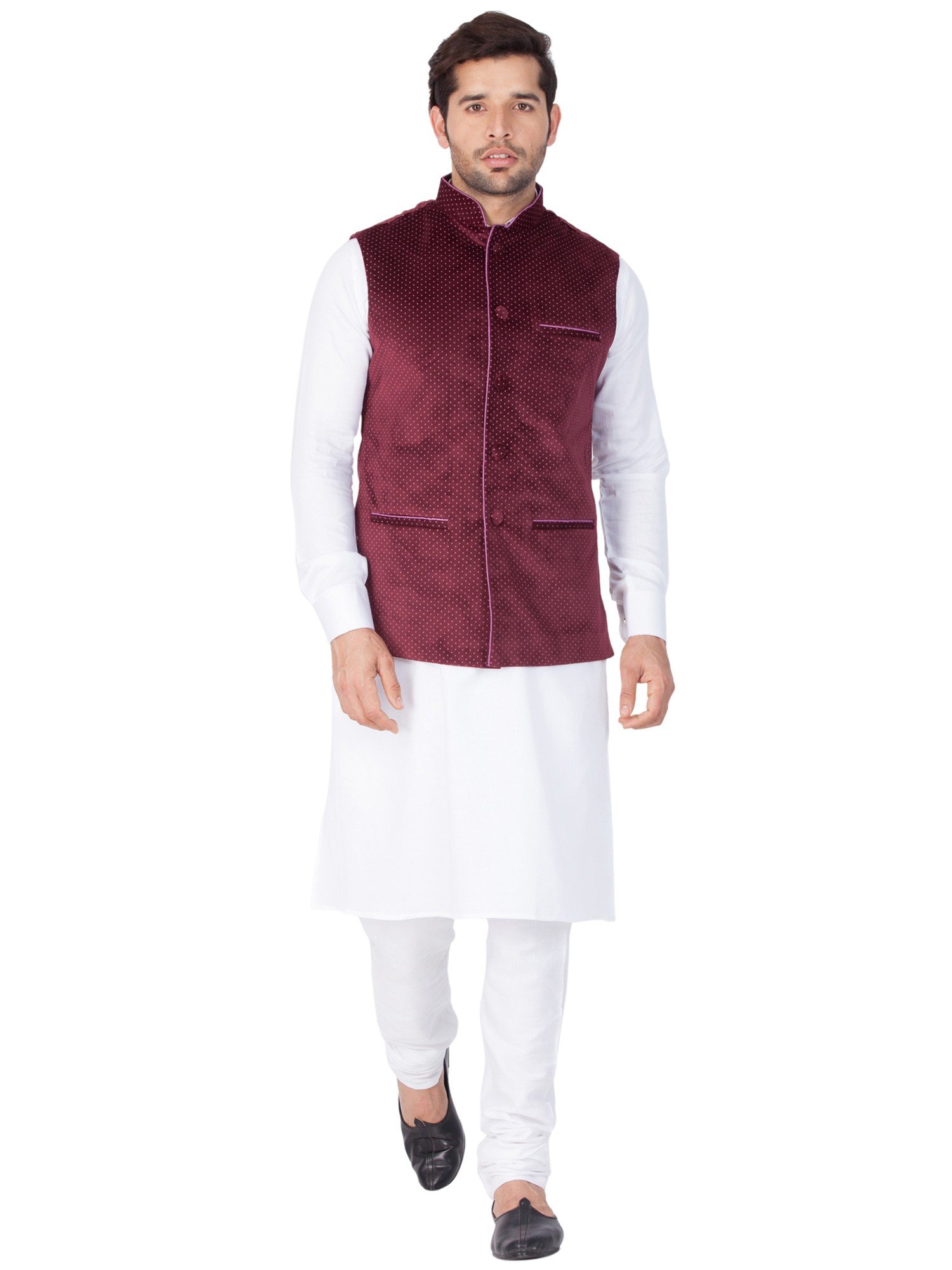 Modishly Styled Puff Pocket Green Velvet Nehru Jacket with White Kurta –  Rajanyas