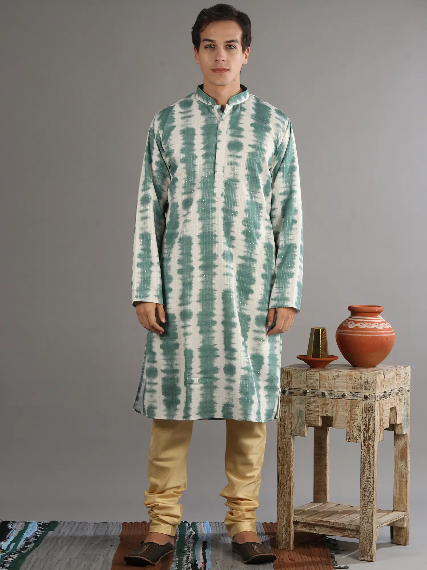 Cotton Silk Kurta-Pajama Set with Shibori Tie-Dye Print and Sequin Work