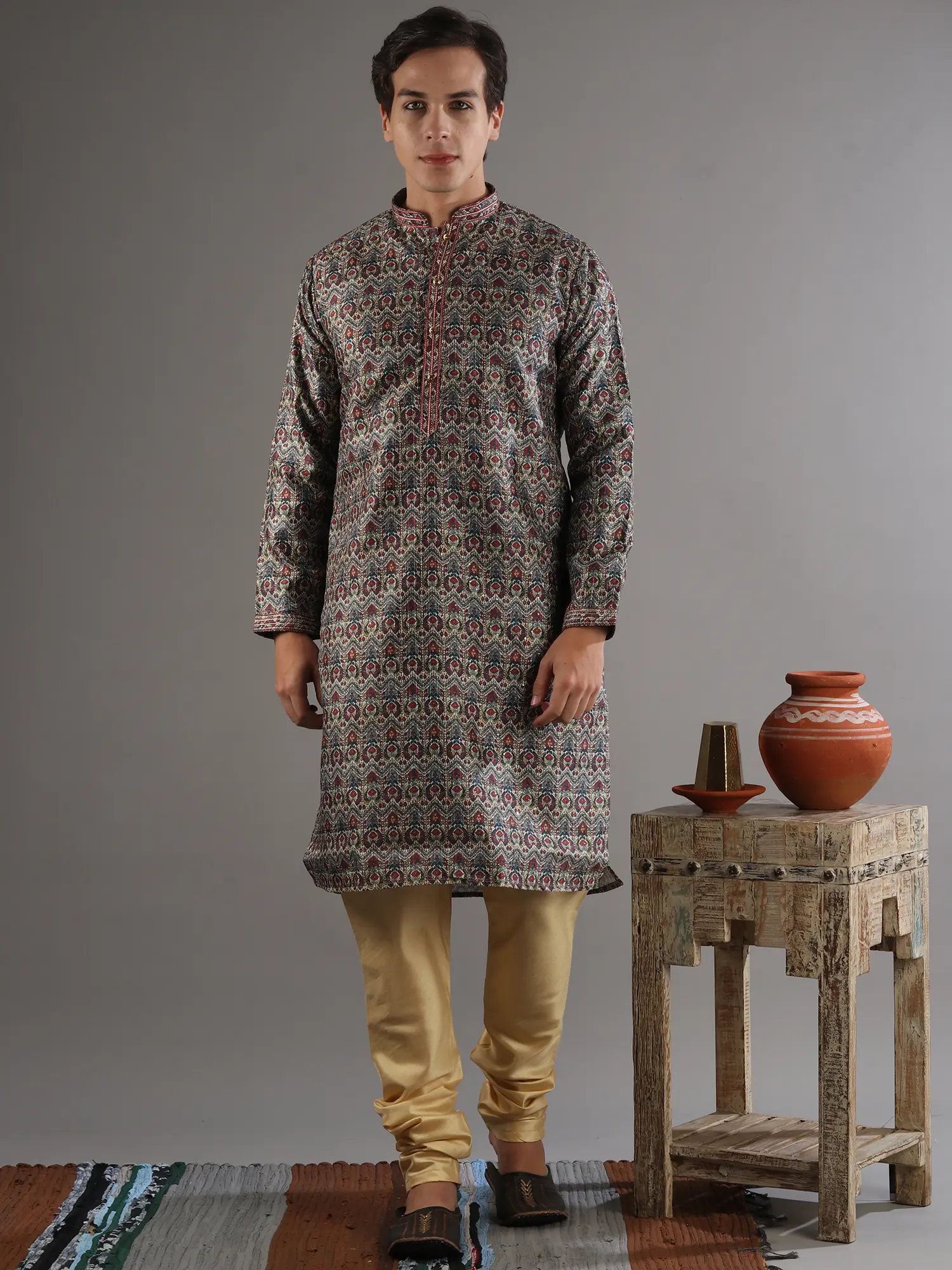 Beige Base Cotton Silk Kurta-Pajama Set with All Over Digital Herringbone Print Pattern and Sequin Work