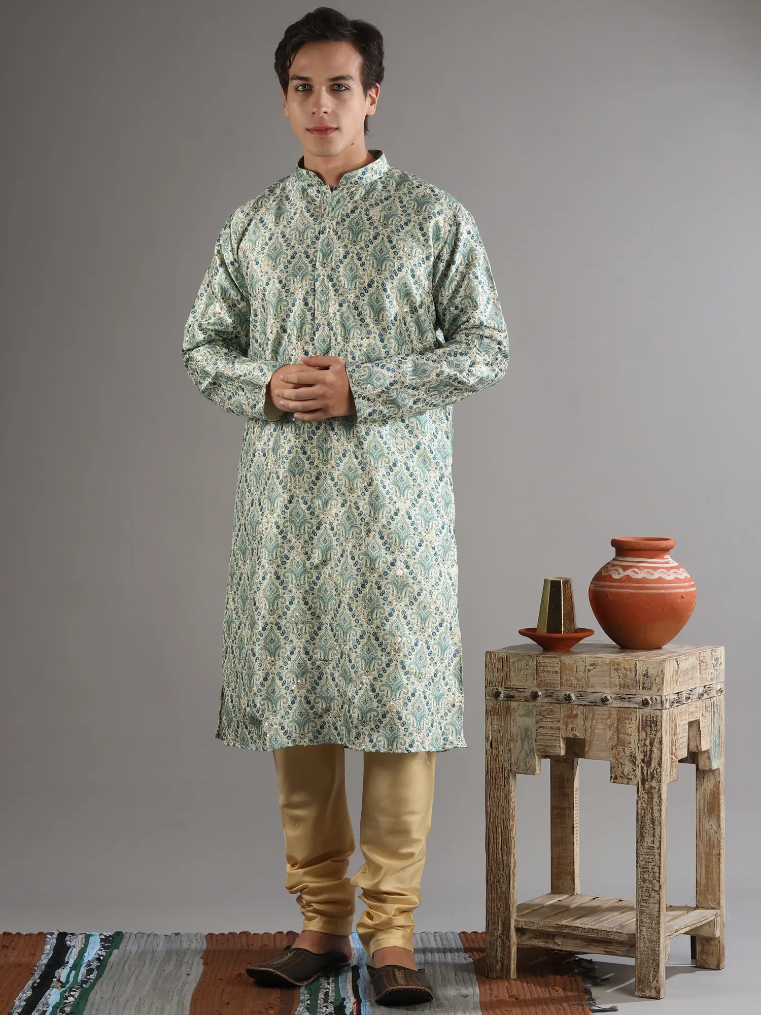 Beige Cotton Silk Kurta-Pajama Set with All Over Victorian Inspired Digital Print Pattern and Sequin Work