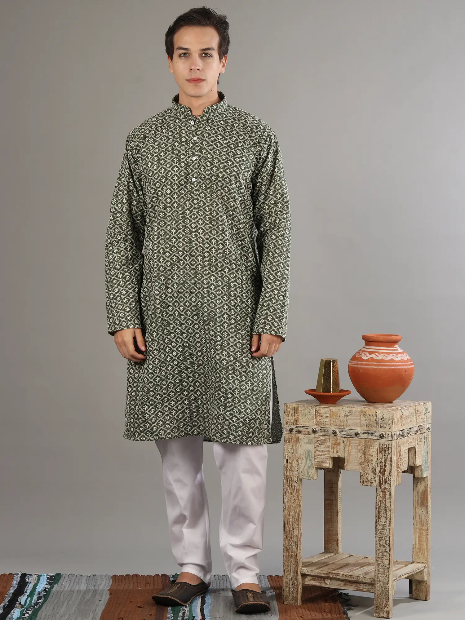 Star Lattice Embroidery Deep Forest Green Kurta with White Pajama Set