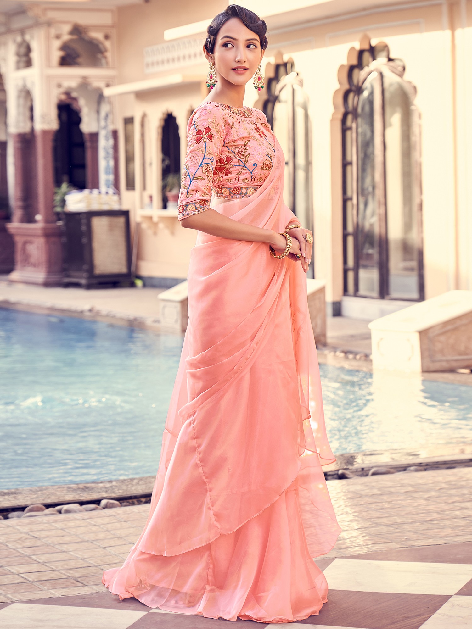 Buy Thread Work Peach Organza Ruffle Saree Online