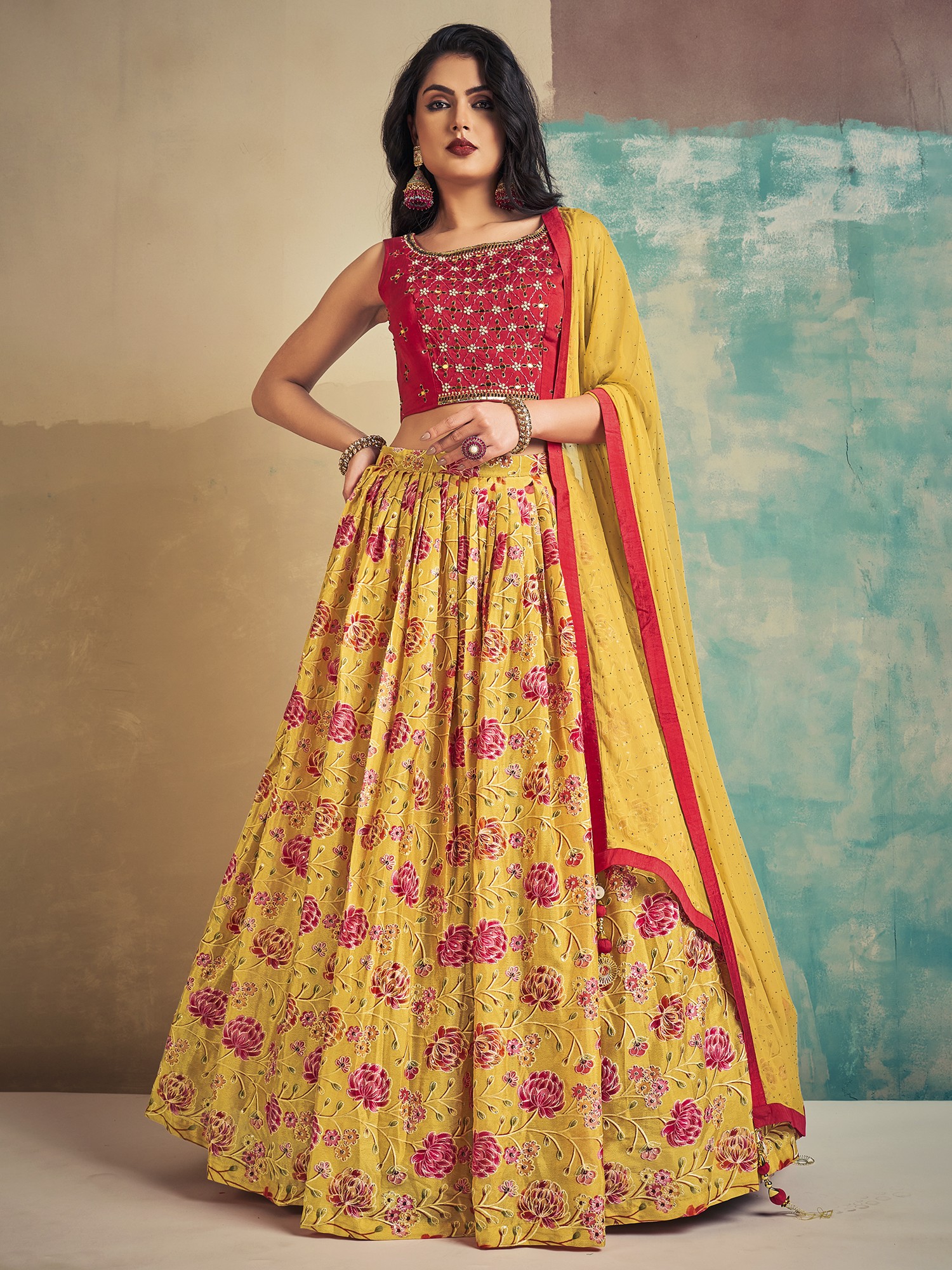 Yellow,Red Colour Banglori Silk Fabric Lehenga Choli.