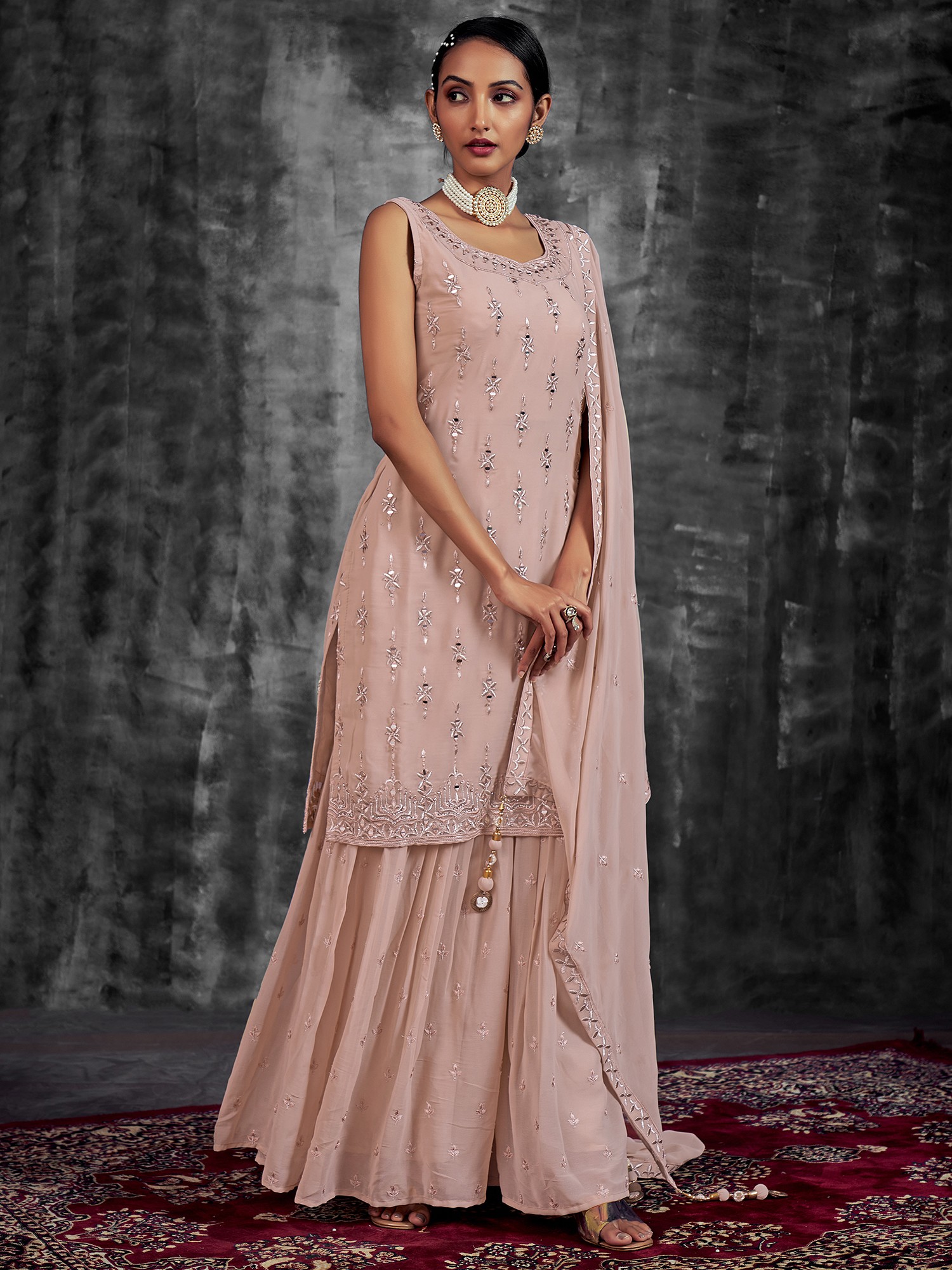 Georgette Palazzo Salwar Suit and Mirror, Zarkan, Zari, Thread