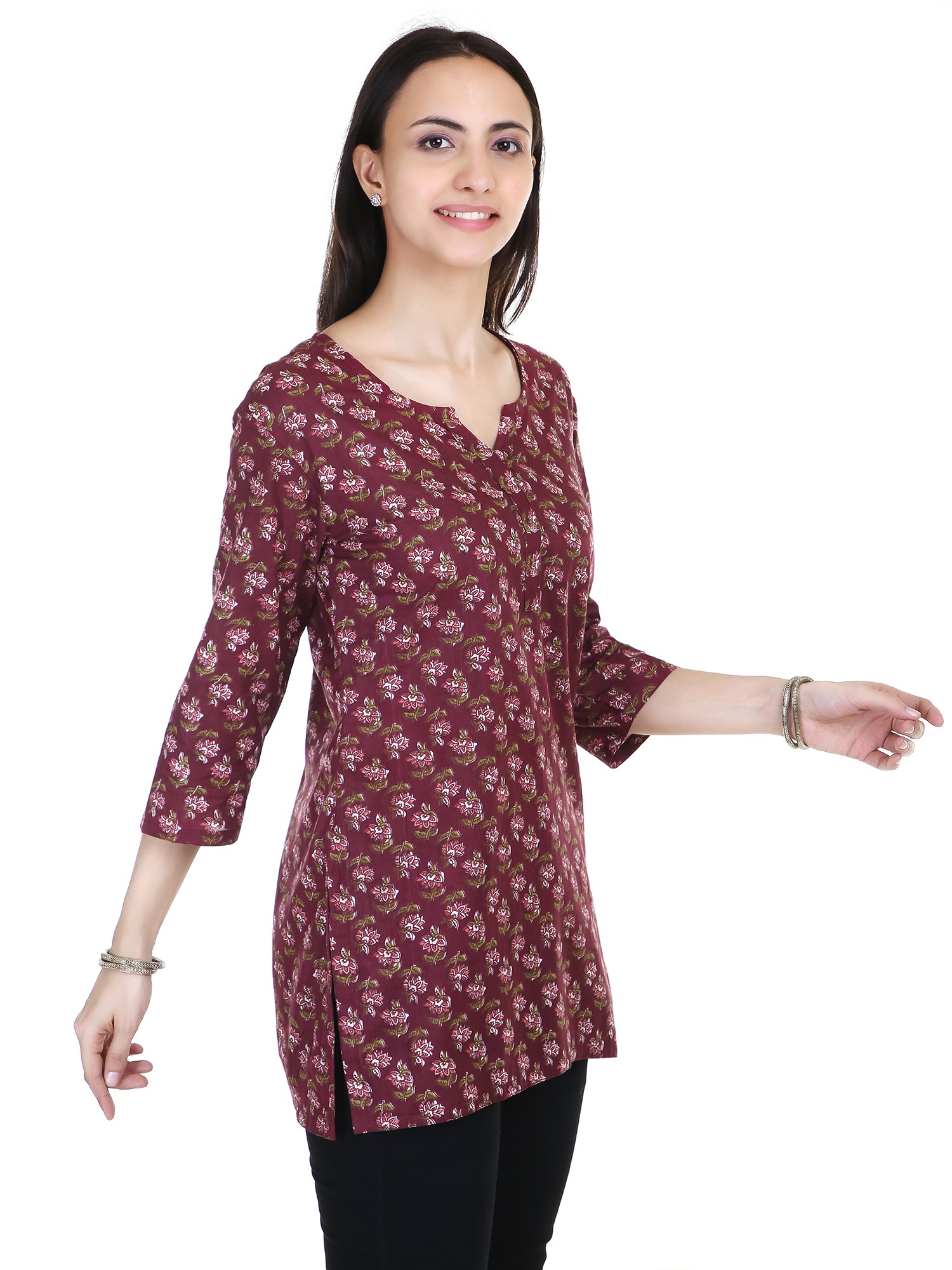 Brick Cotton Phool Motif Kurti With All-Over Handblock Print | Exotic ...