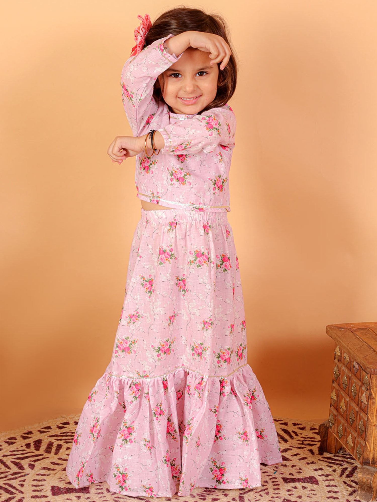 Pink Linen Floral Printed CropTop And Ruffle Skirt Exotic India Art