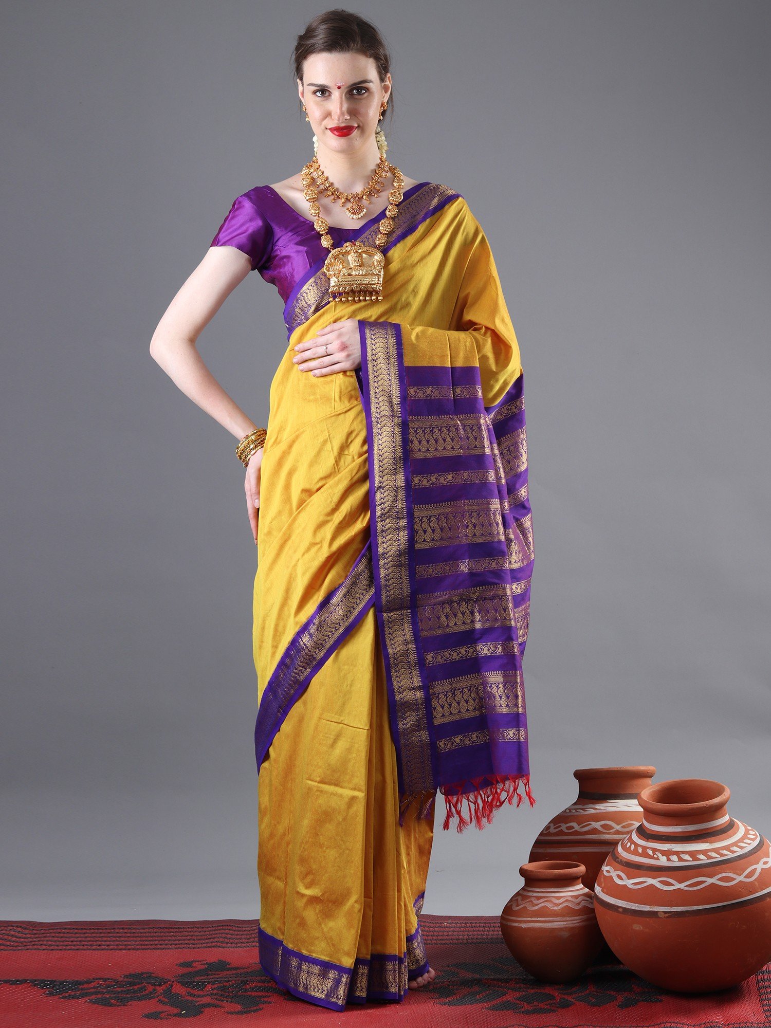 Buy Purple-Yellow Maheshwari Silk Saree Online at Jaypore.com