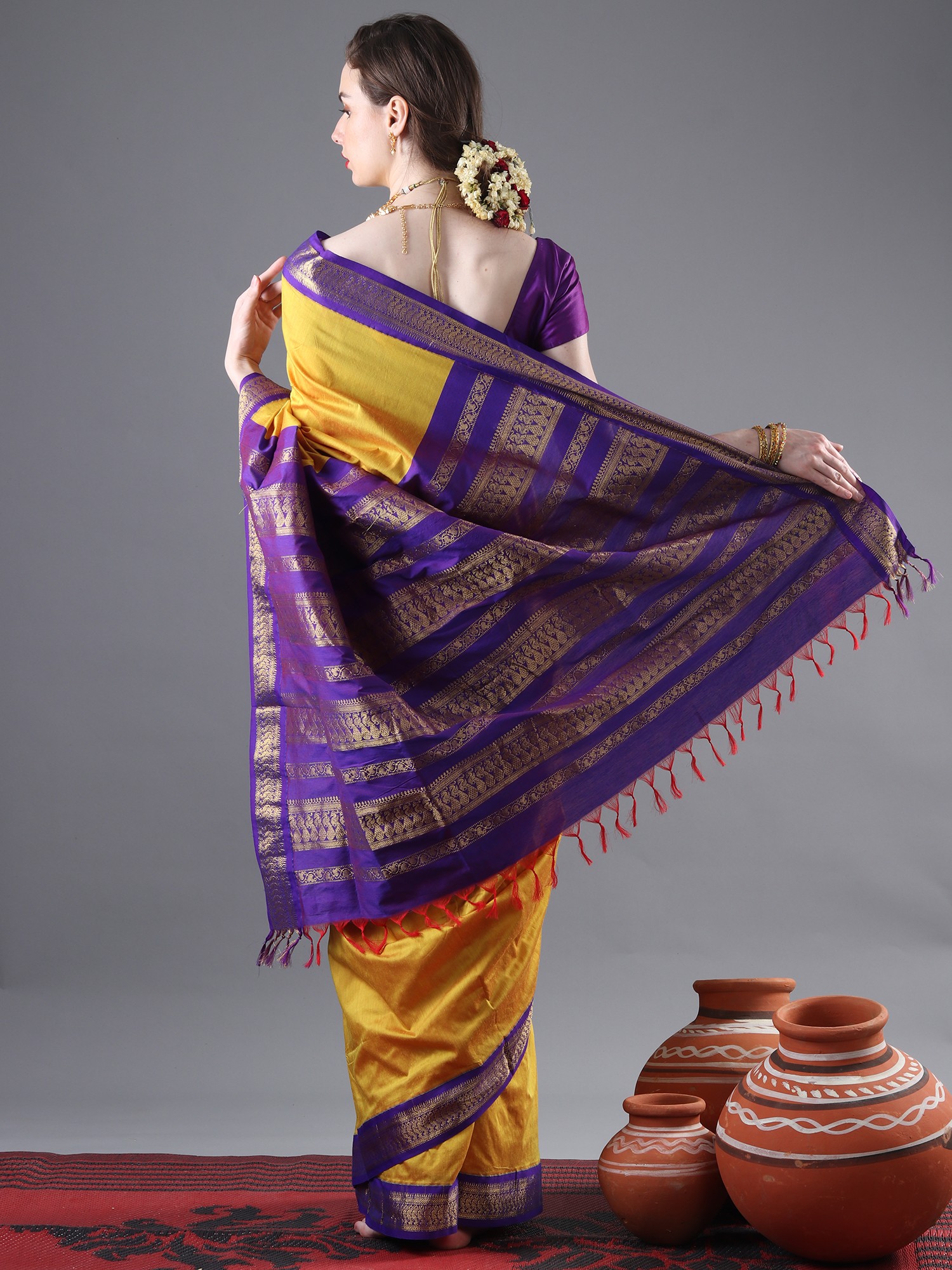 KANCHIPURAM SILK SAREE YELLOW WITH PURPLE COLOR – pochampallysarees.com