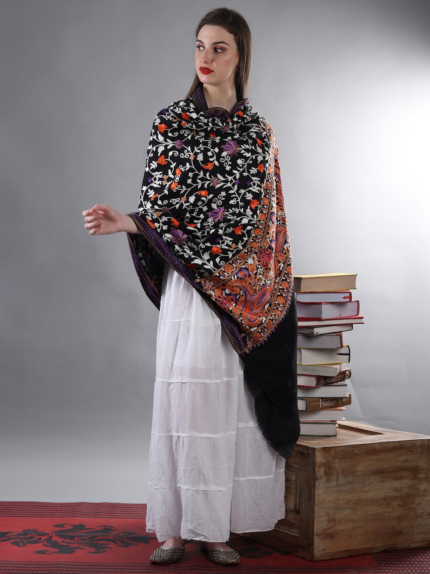 Midnight-Black Multicolor All-Over Aari Embroidered Floral Bail Woolen ...