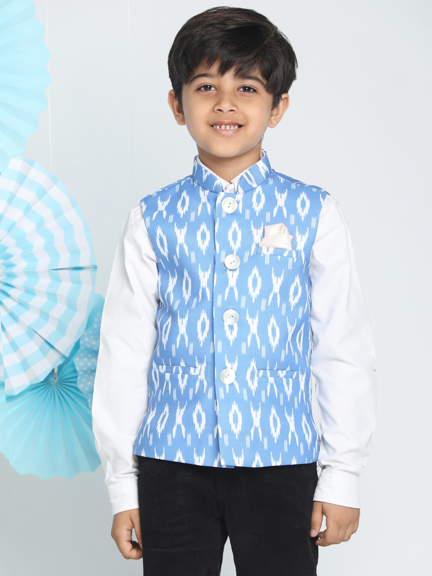 Aqua-Blue Cotton Ikkat Print Modi Jacket | Exotic India Art