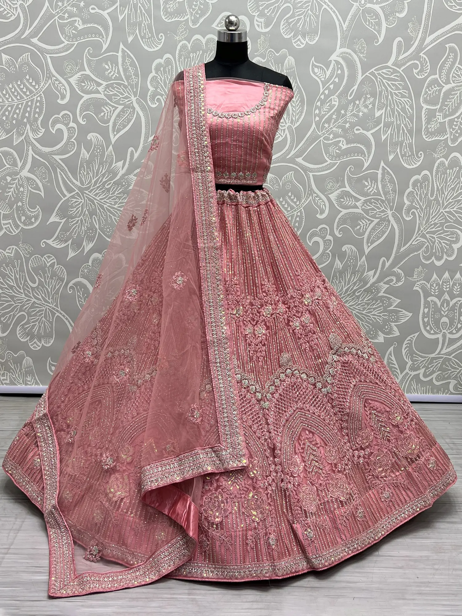 Heavy Net Embellished Rainbow-Sequins, Dori, Thread Work Laddi-Floral Motif Lehenga Choli With Soft Net Butta Pattern Dupatta