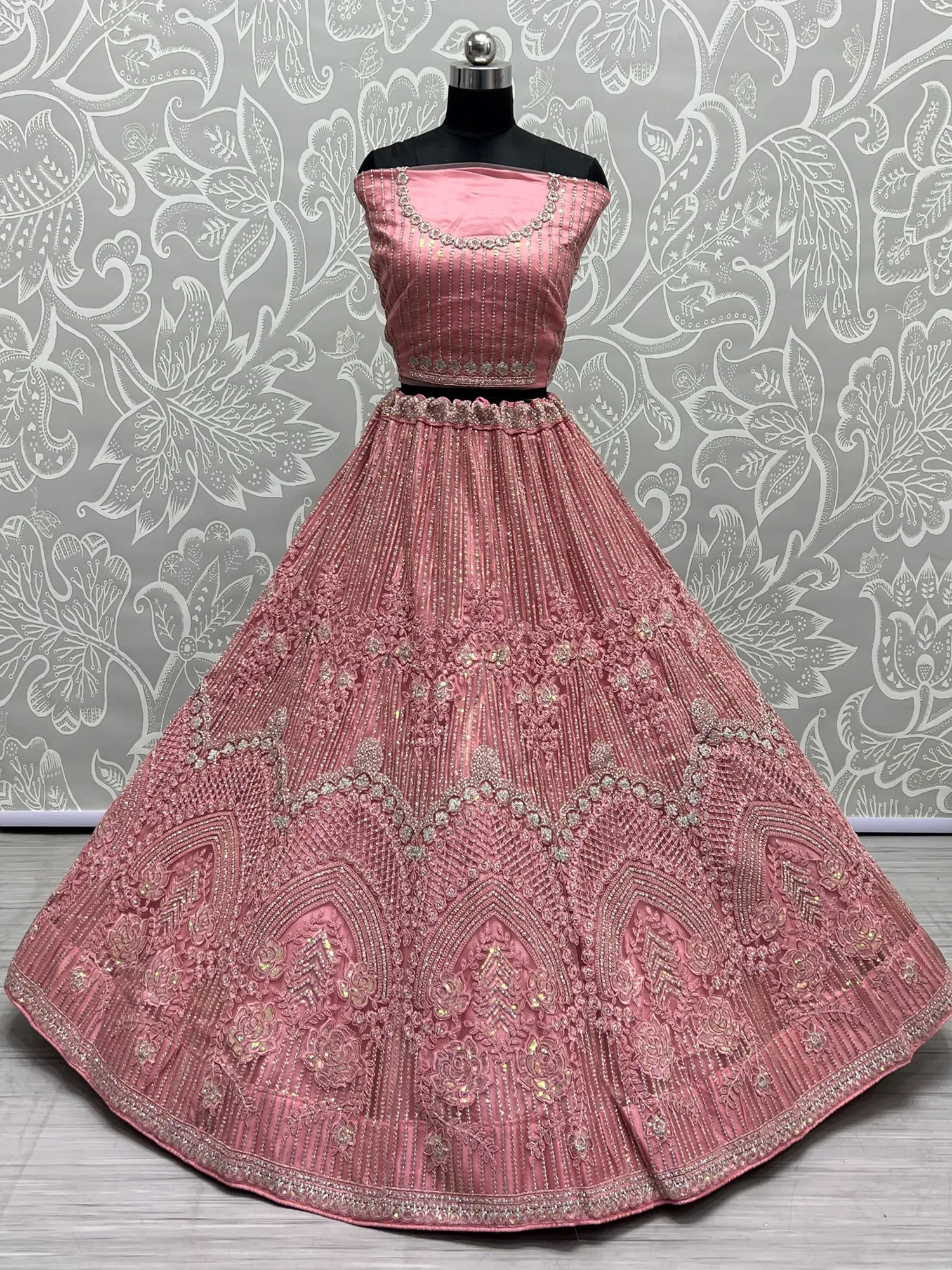 Heavy Net Embellished Rainbow-Sequins, Dori, Thread Work Laddi-Floral Motif Lehenga Choli With Soft Net Butta Pattern Dupatta, alternate view