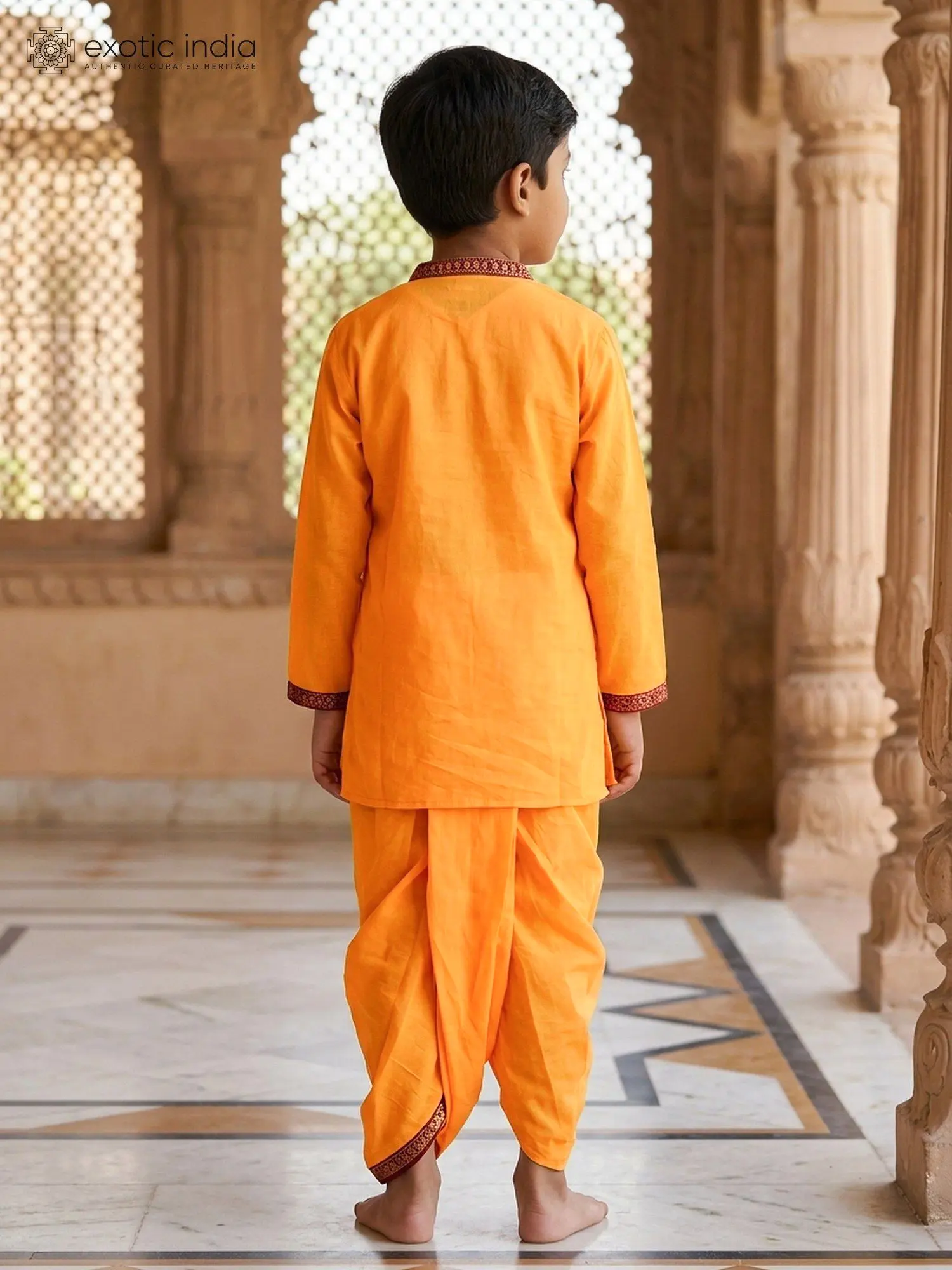 Amber-Yellow Makhan Chor Print Kids Traditional Dhoti Kurta Dress Set for Janmashtami, alternate view